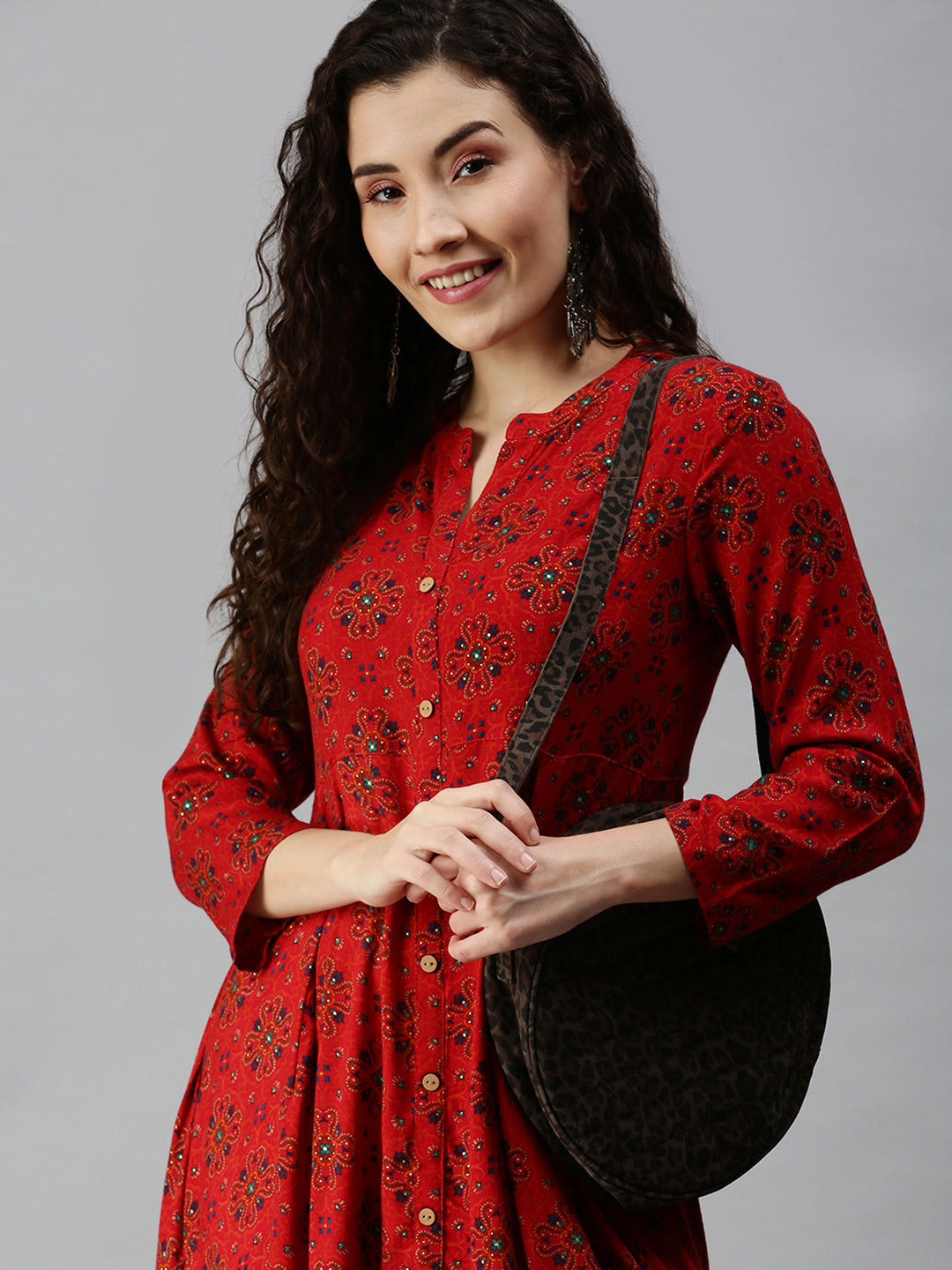 Women Mandarin Collar Printed Red Anarkali Kurta