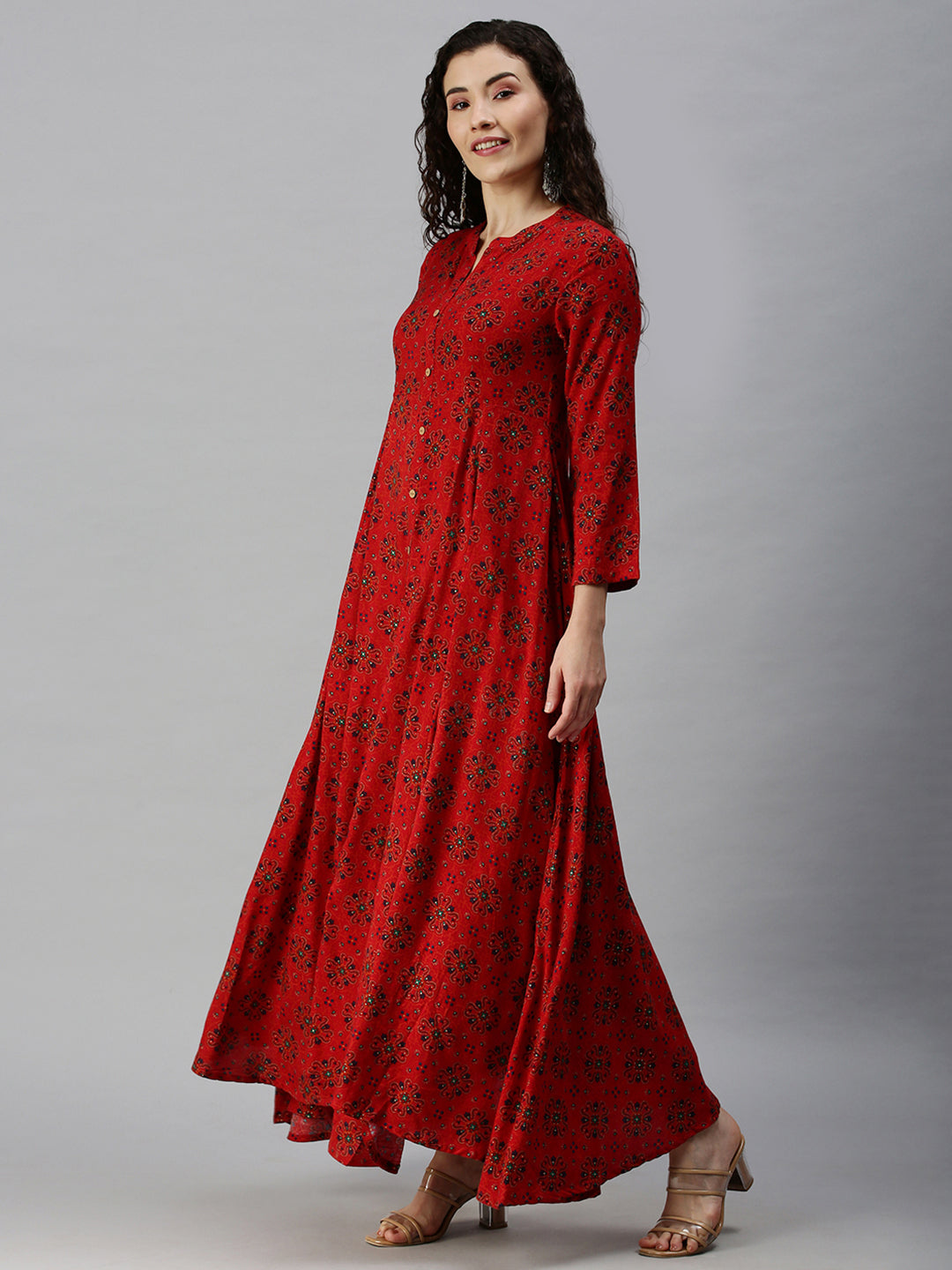 Women Mandarin Collar Printed Red Anarkali Kurta