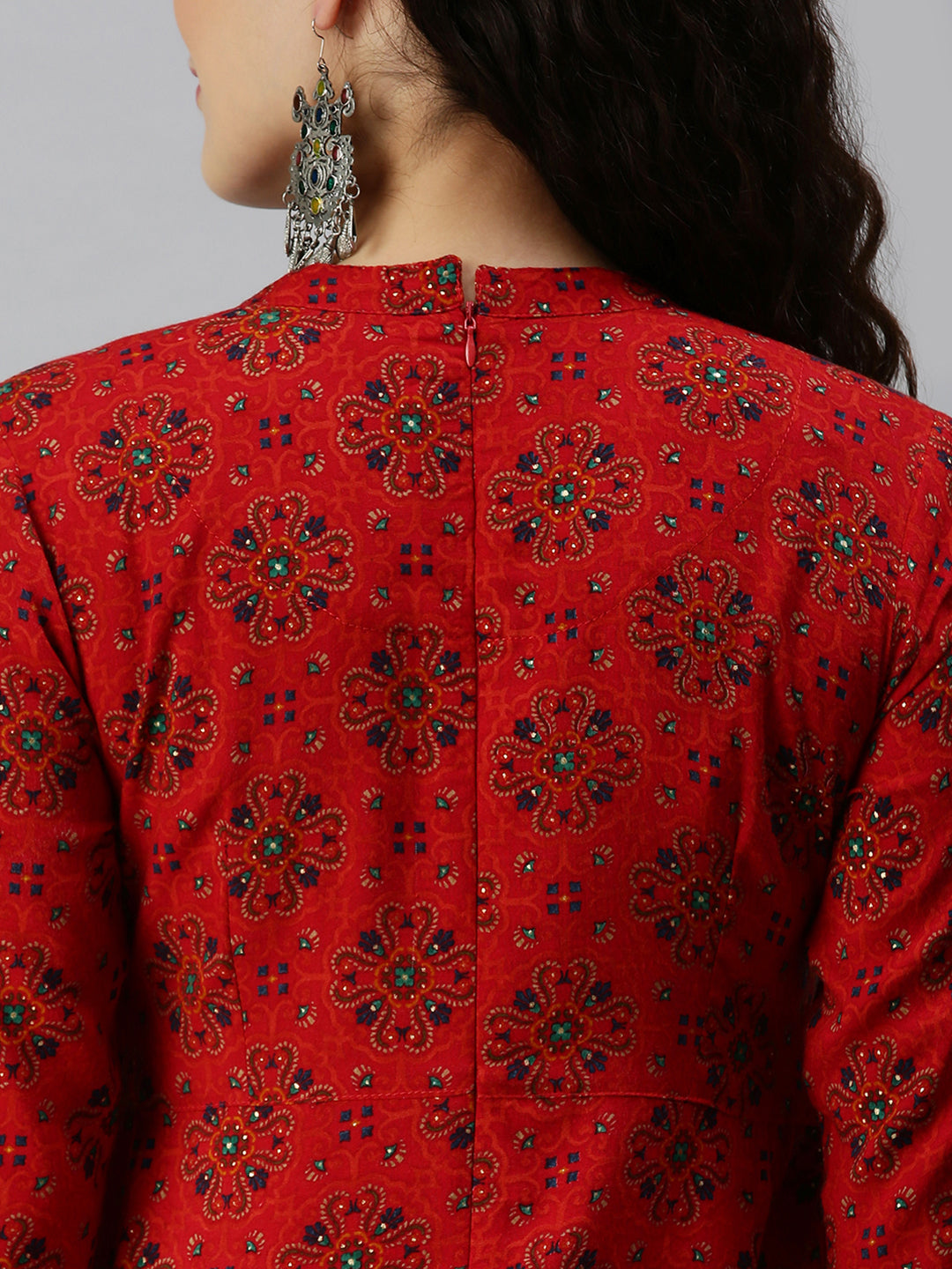 Women Mandarin Collar Printed Red Anarkali Kurta