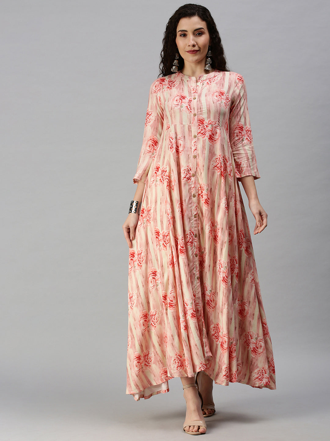 Women Mandarin Collar Printed Pink Anarkali Kurta