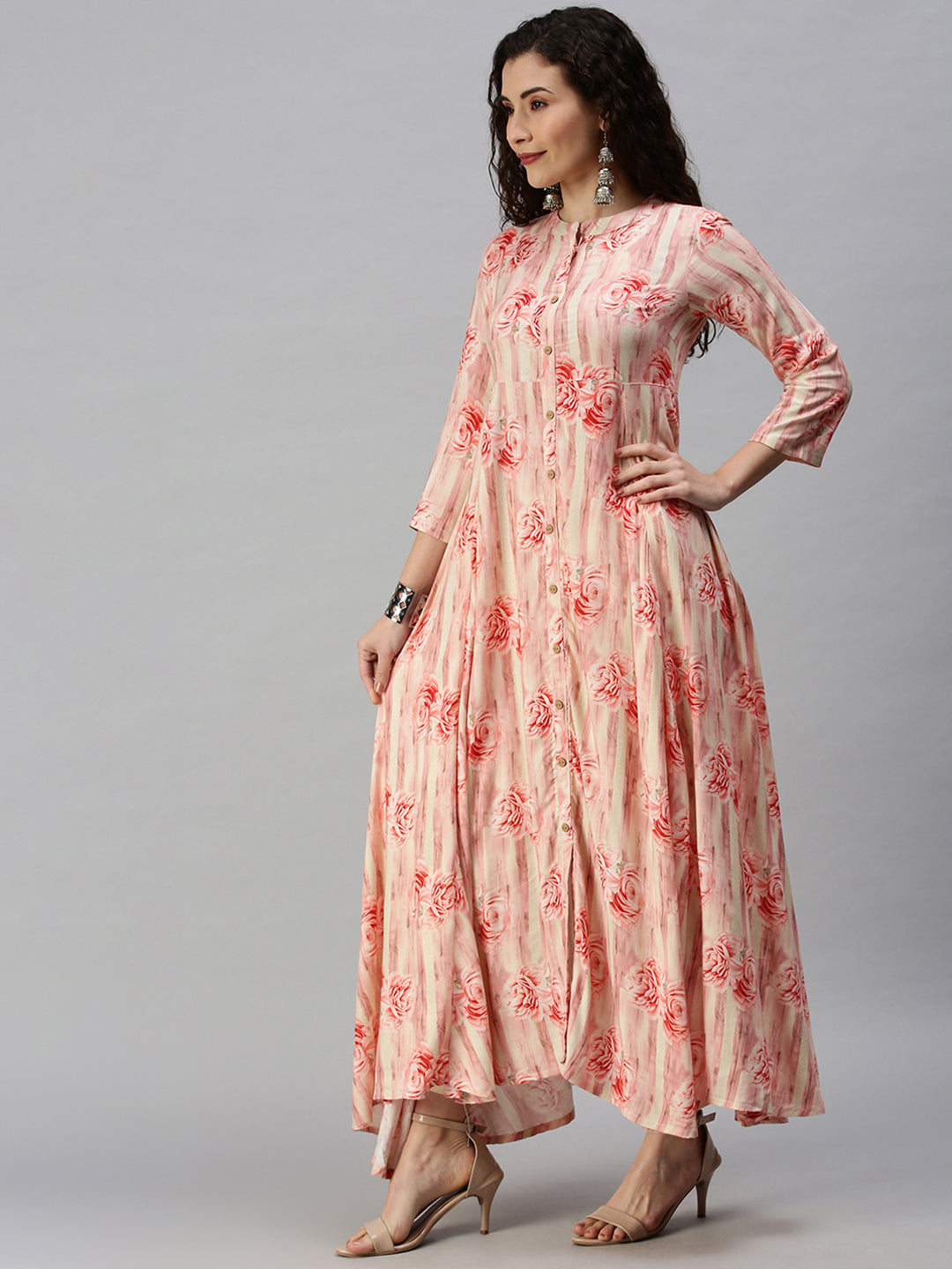 Women Mandarin Collar Printed Pink Anarkali Kurta