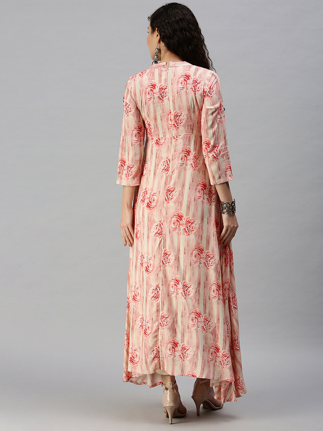 Women Mandarin Collar Printed Pink Anarkali Kurta