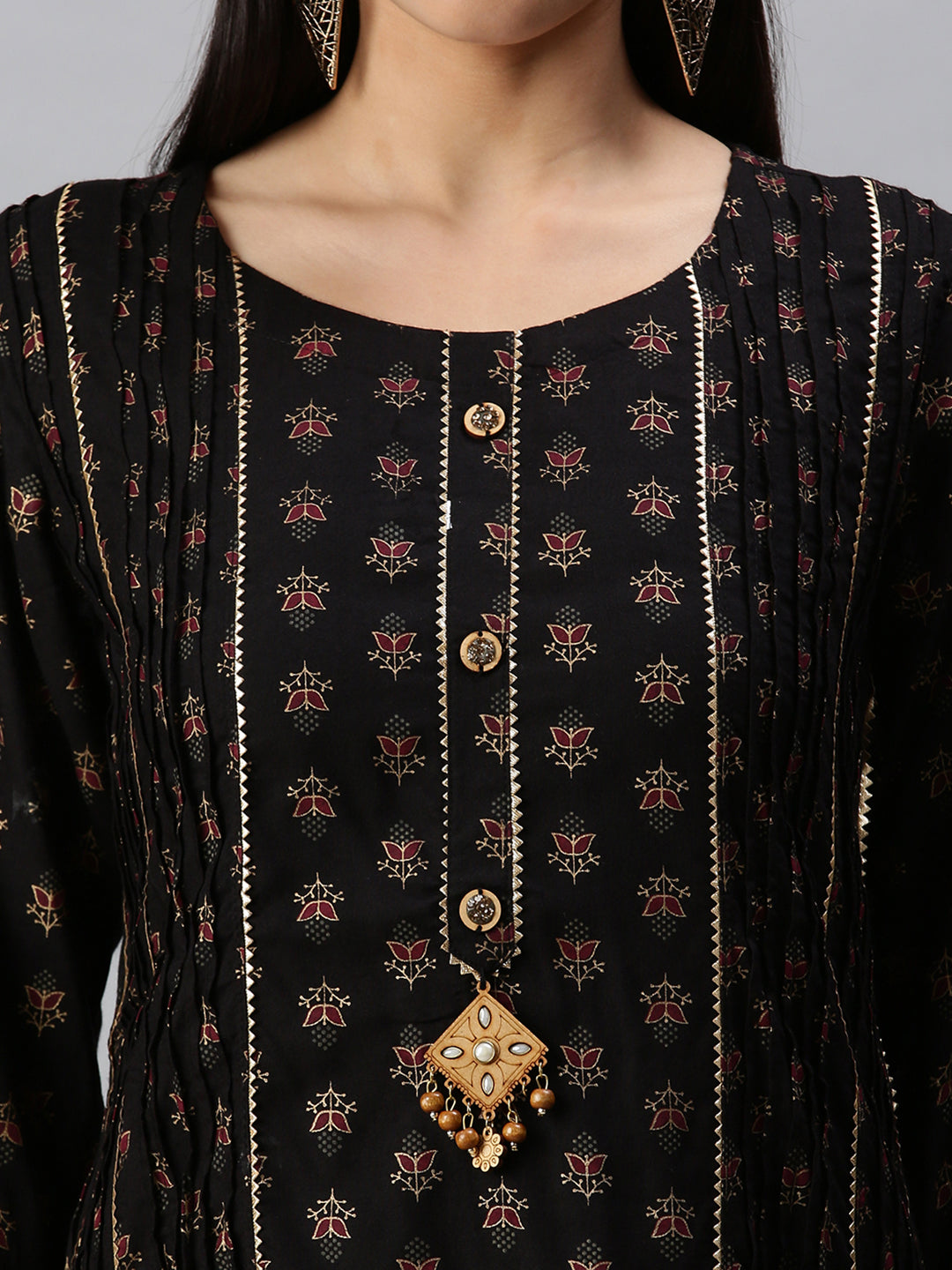 Women Straight Black Printed Kurta and Trousers