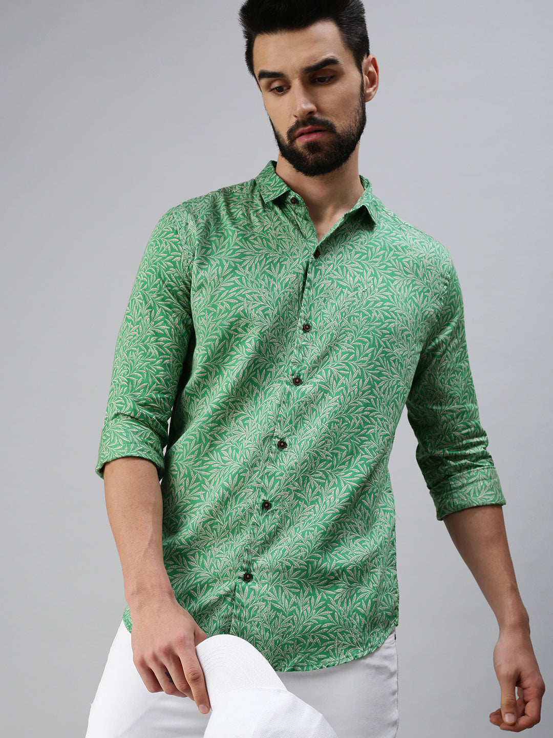 Men Spread Collar Printed Green Shirt