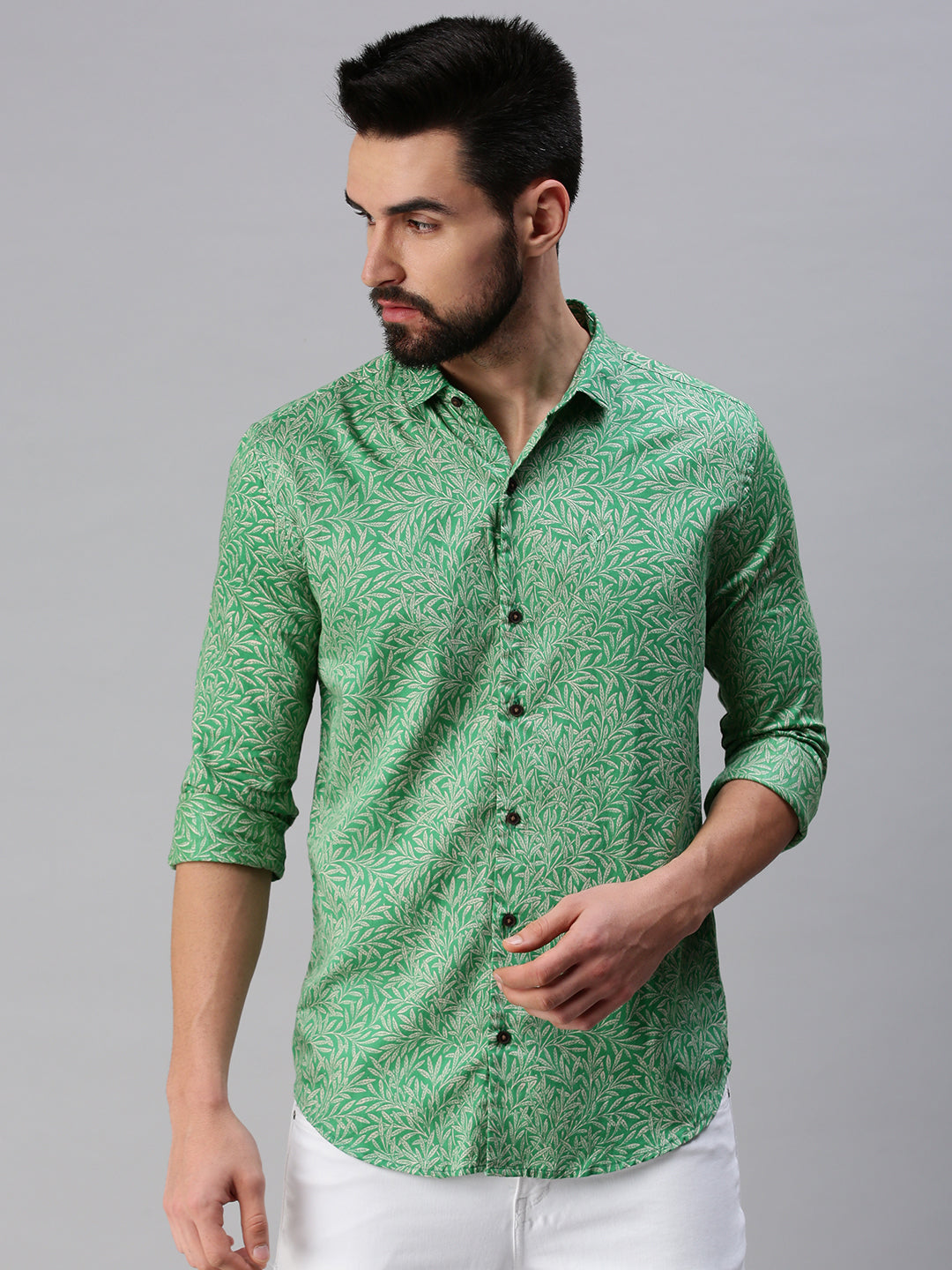 Men Spread Collar Printed Green Shirt