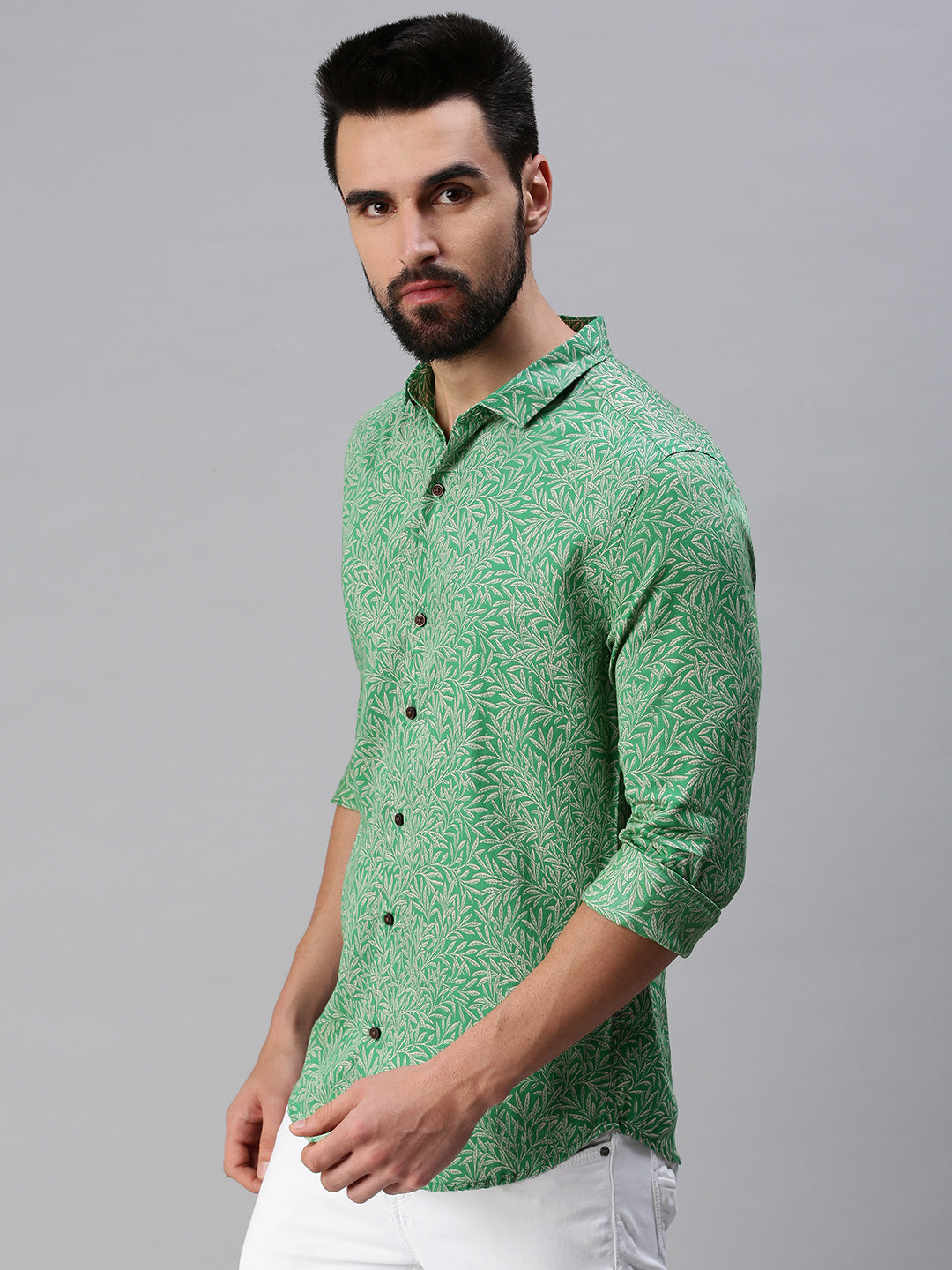 Men Spread Collar Printed Green Shirt