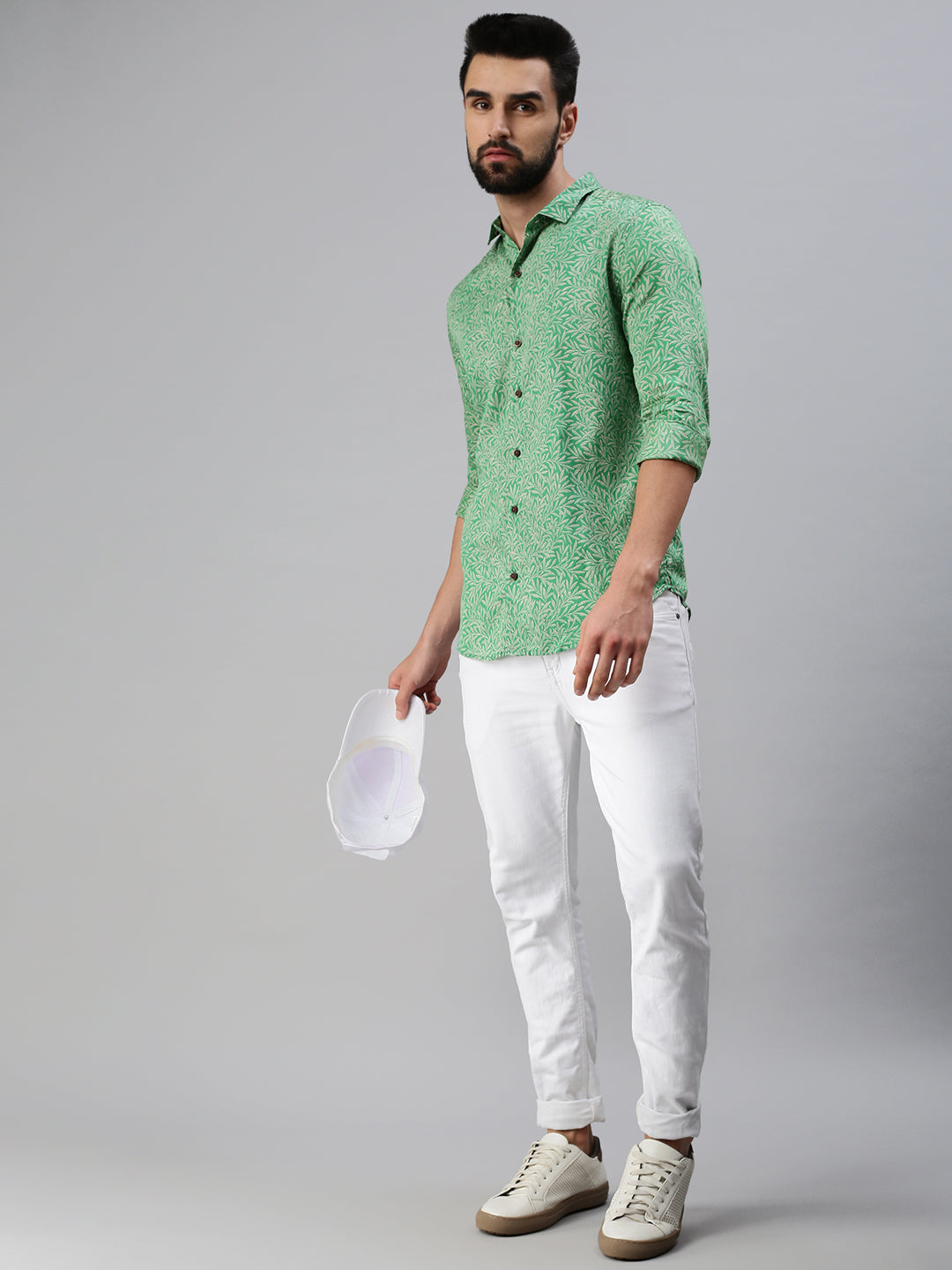 Men Spread Collar Printed Green Shirt