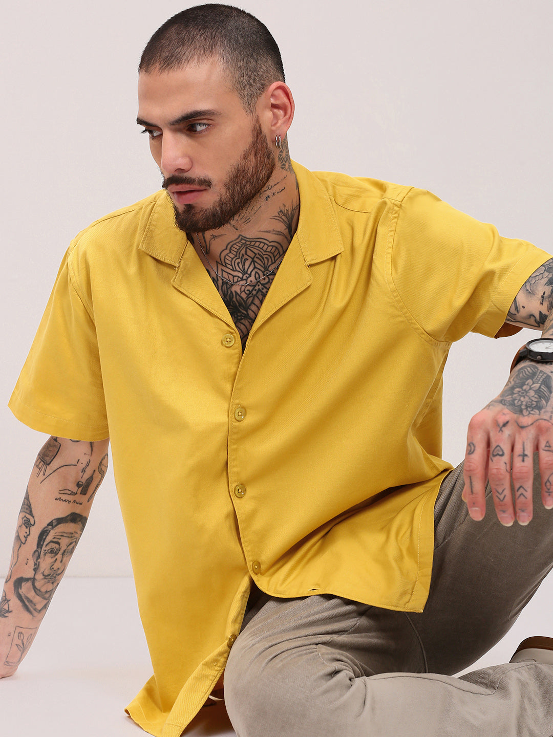 Men Yellow Solid Cuban Collar Shirt