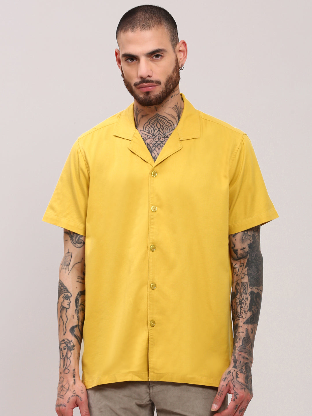 Men Yellow Solid Cuban Collar Shirt