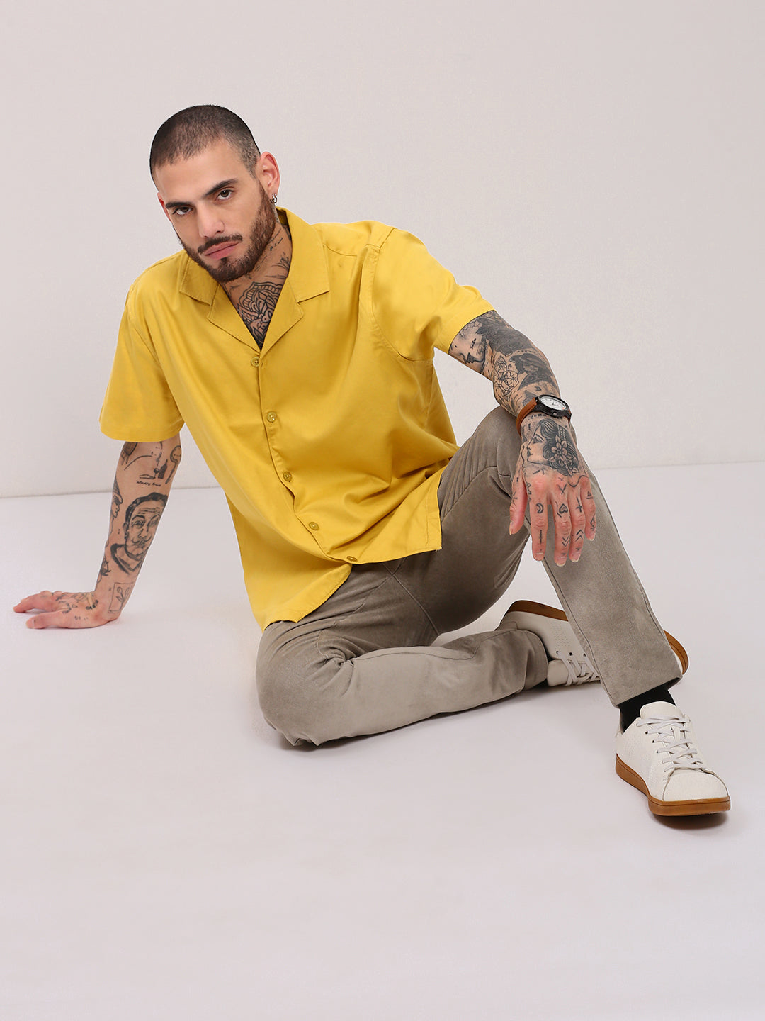 Men Yellow Solid Cuban Collar Shirt