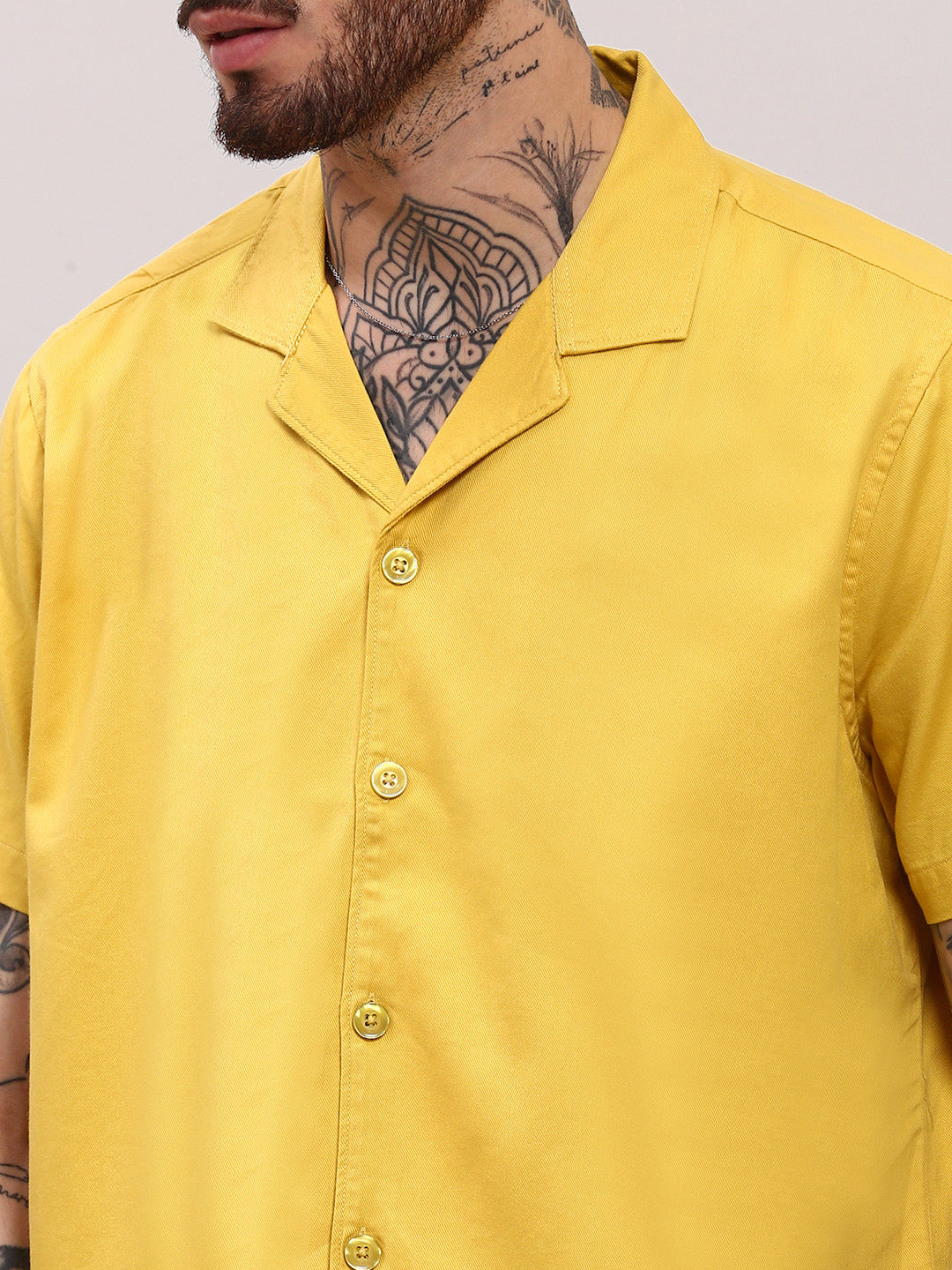 Men Yellow Solid Cuban Collar Shirt