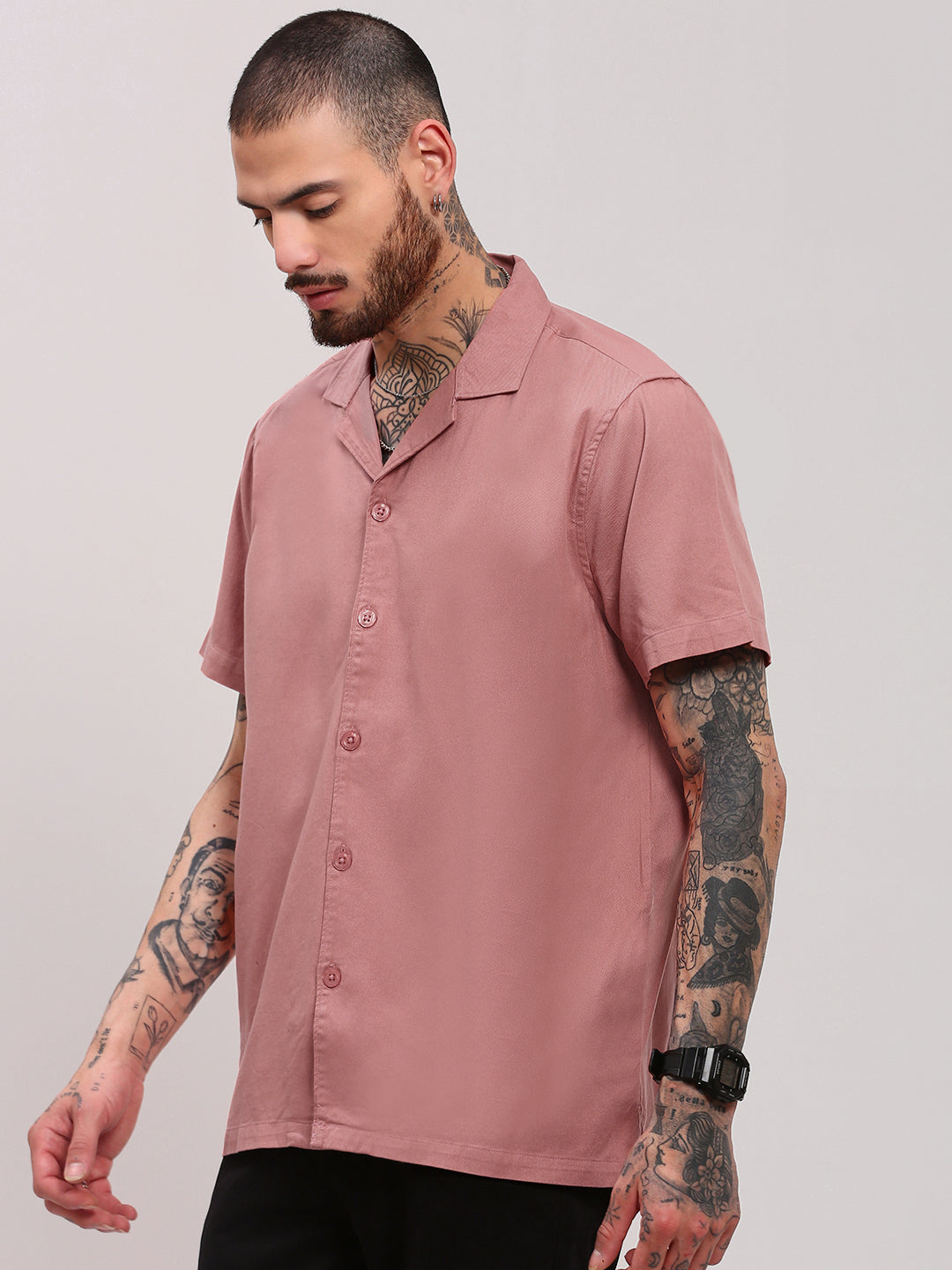 Men Pink Solid Cuban Collar Shirt