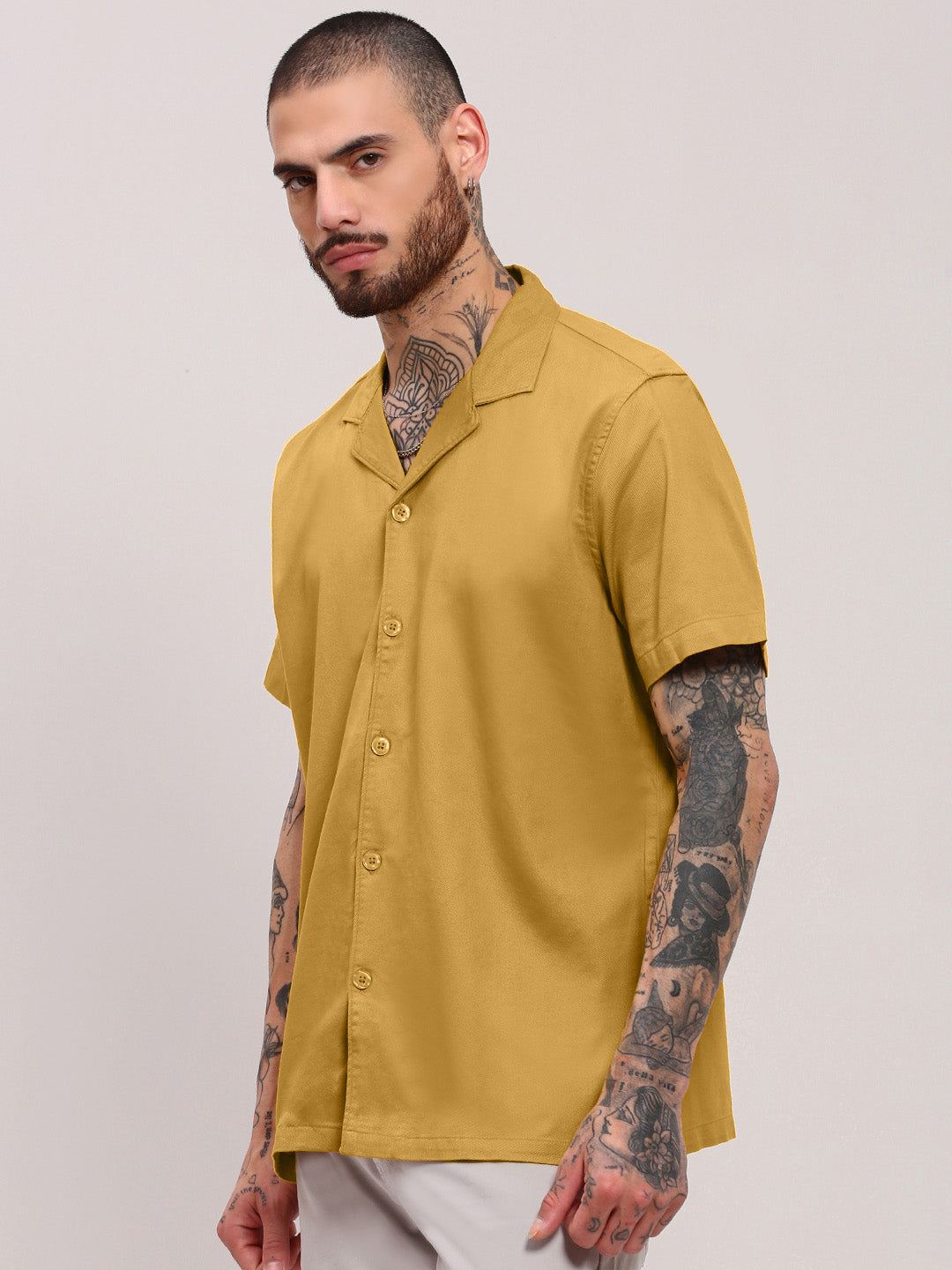 Men Mustard Solid Cuban Collar Shirt