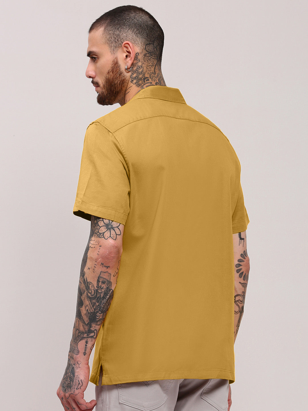 Men Mustard Solid Cuban Collar Shirt