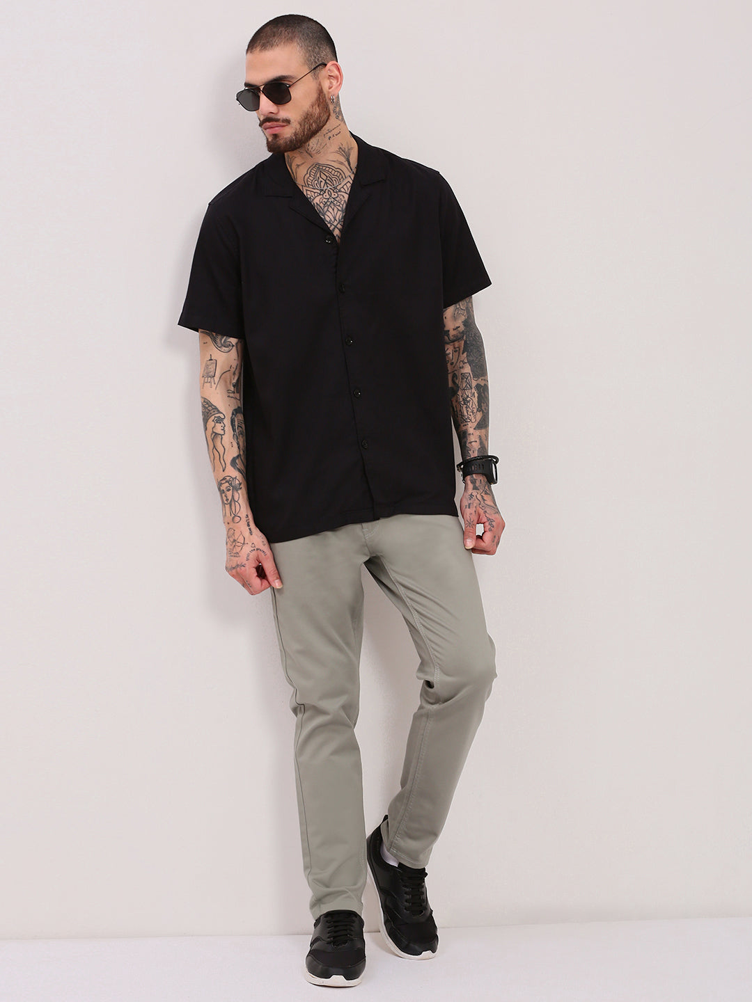 Men Black Solid Cuban Collar Shirt