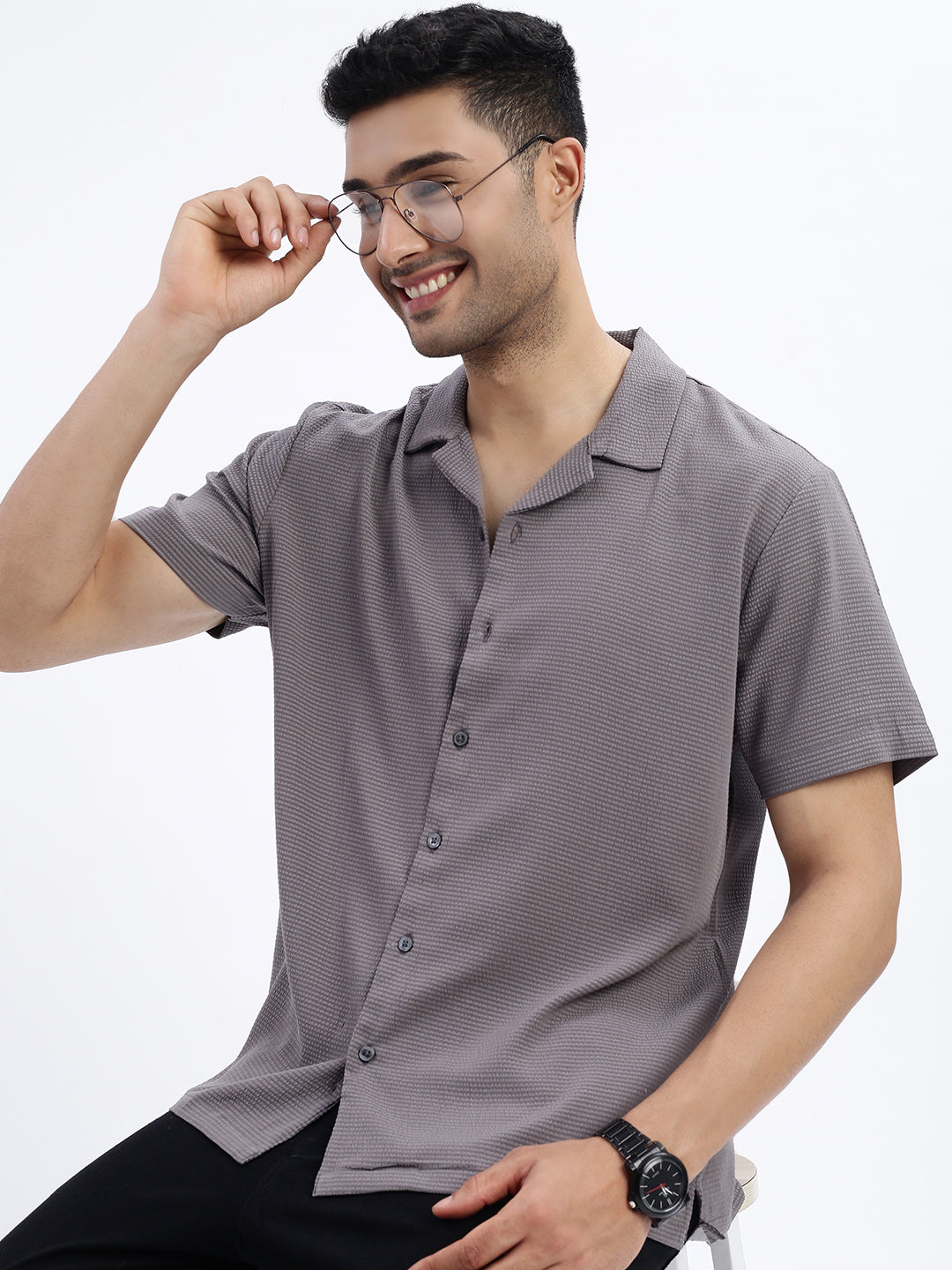 Men Grey Solid Cuban Collar Shirt