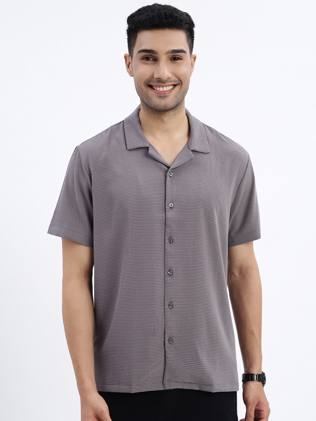 Men Grey Solid Cuban Collar Shirt