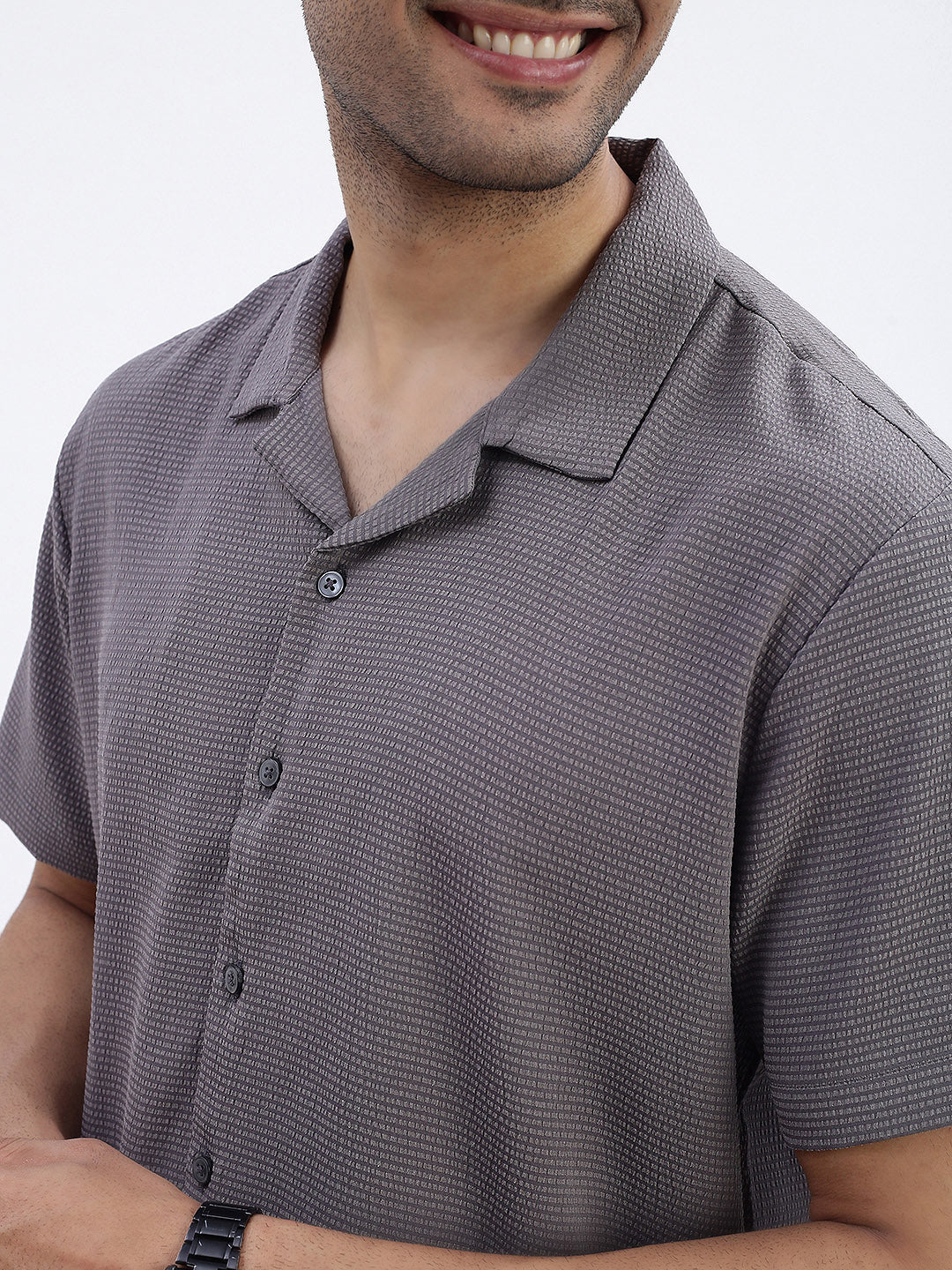 Men Grey Solid Cuban Collar Shirt