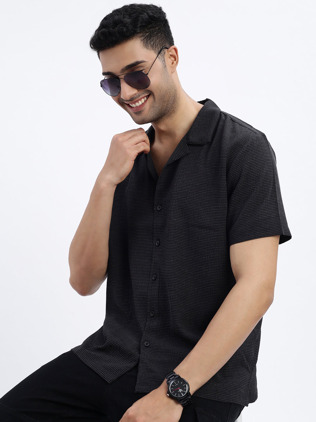 Men Black Solid Cuban Collar Shirt