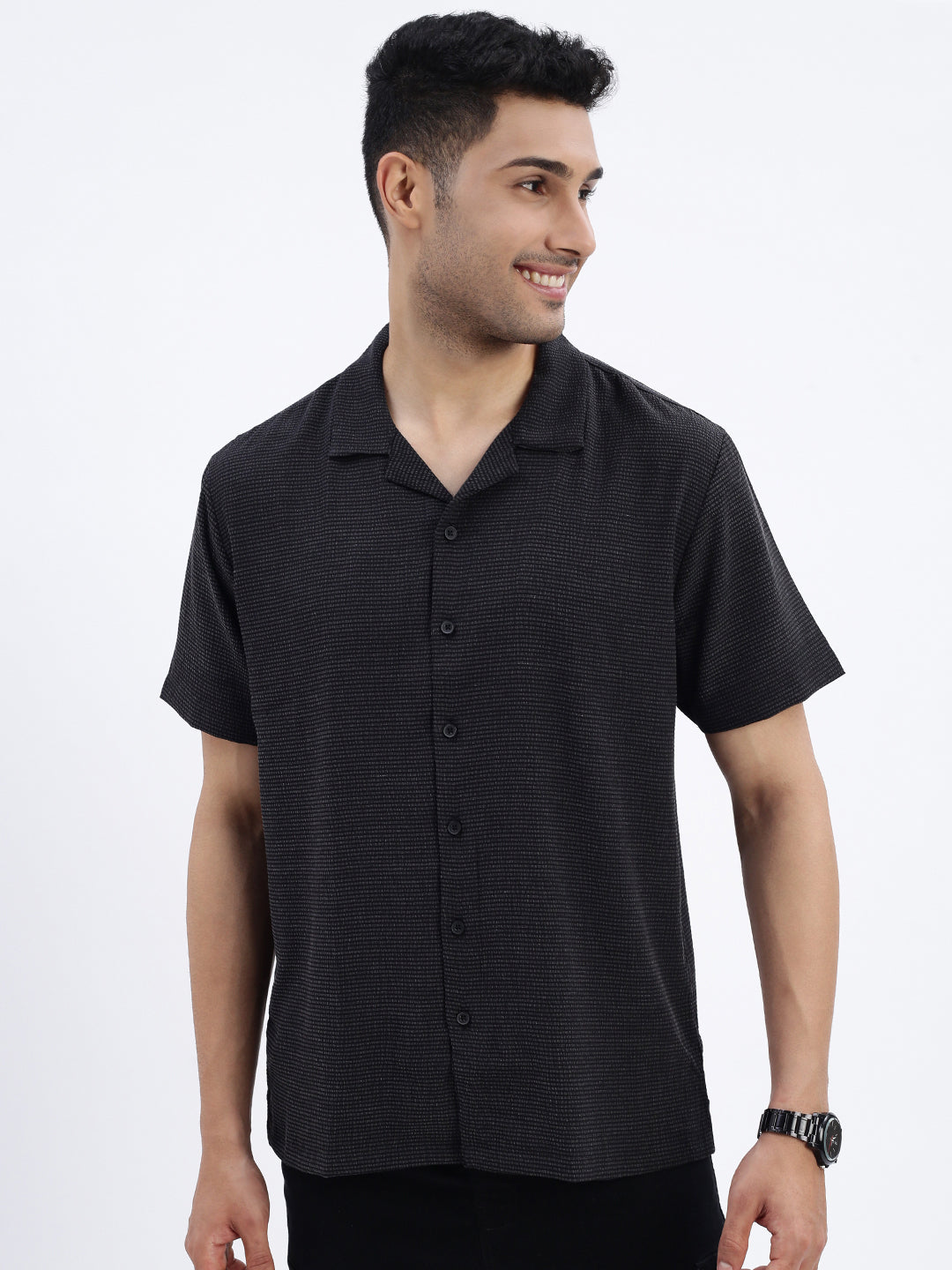 Men Black Solid Cuban Collar Shirt