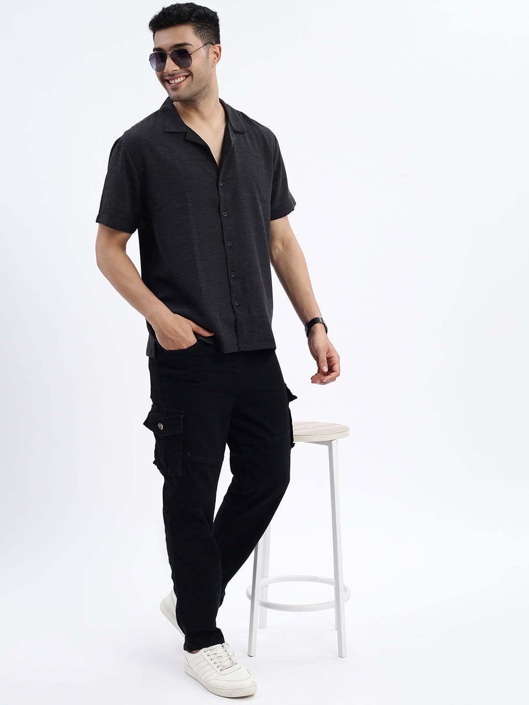 Men Black Solid Cuban Collar Shirt