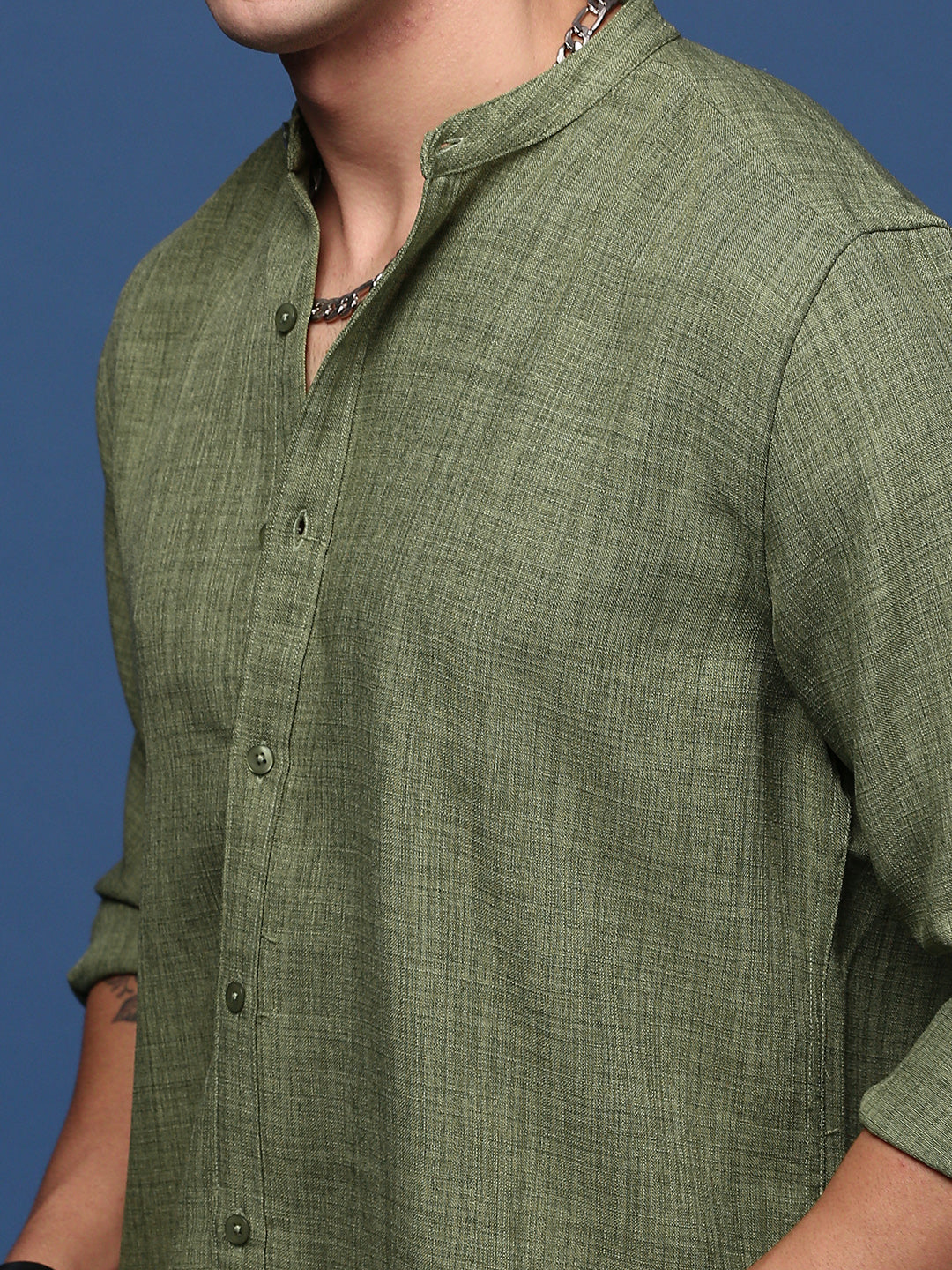 Men Mandarin Collar Solid Green Slim Fit Shirt