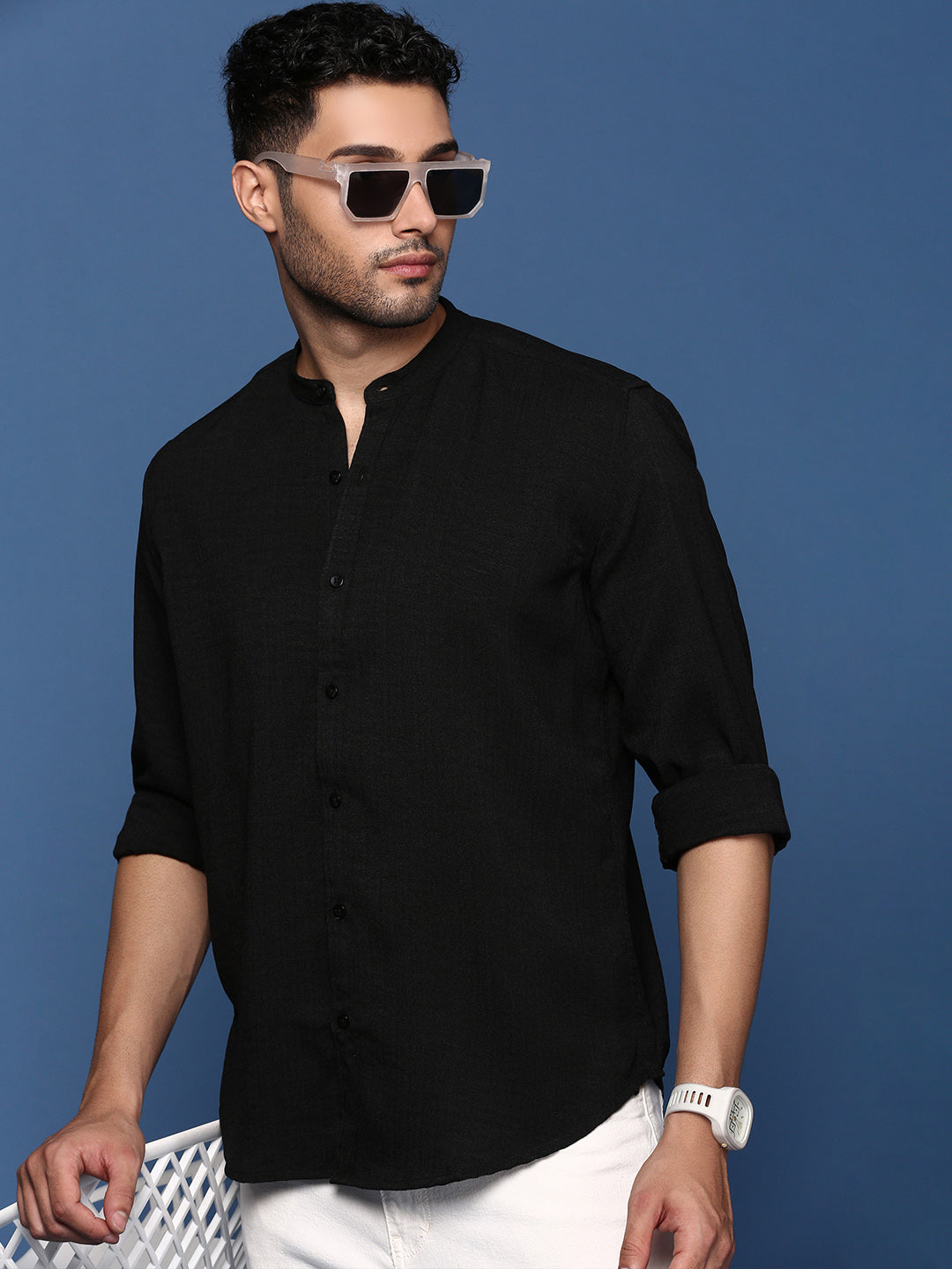 Men Mandarin Collar Solid Black Slim Fit Shirt