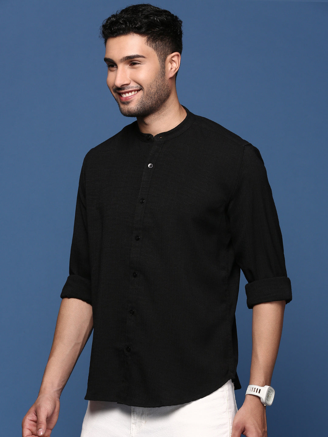 Men Mandarin Collar Solid Black Slim Fit Shirt