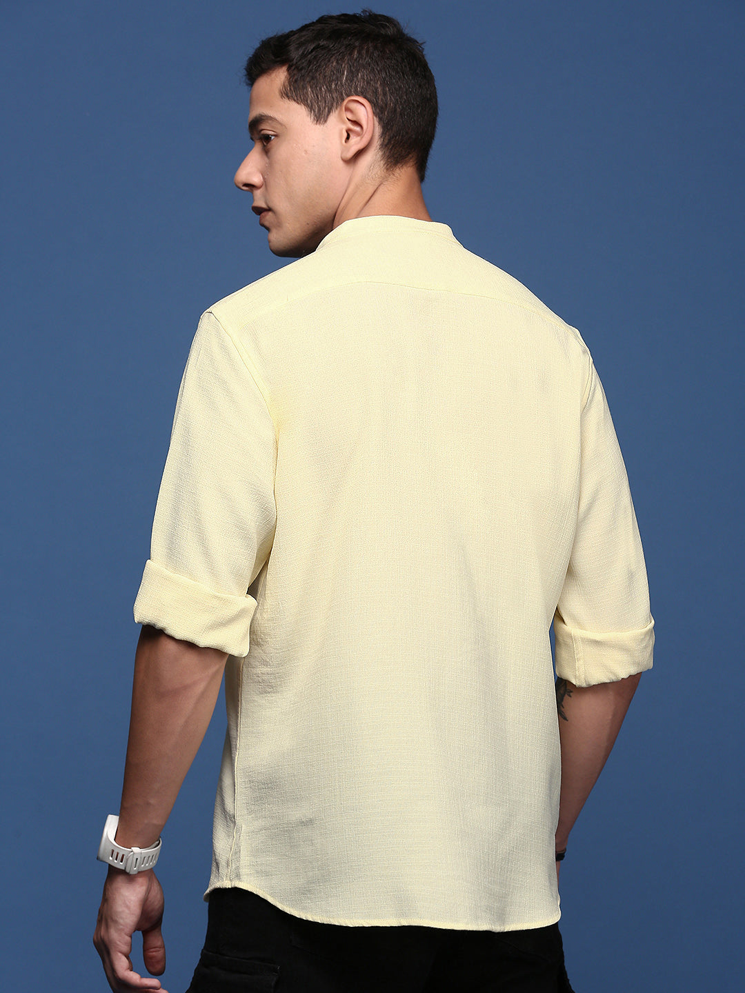 Men Mandarin Collar Solid Yellow Slim Fit Shirt