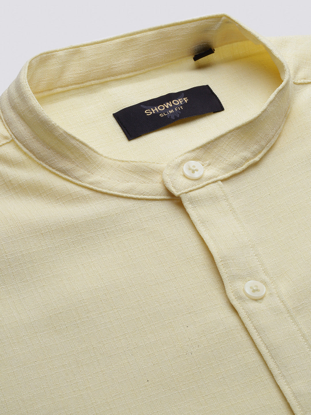 Men Mandarin Collar Solid Yellow Slim Fit Shirt