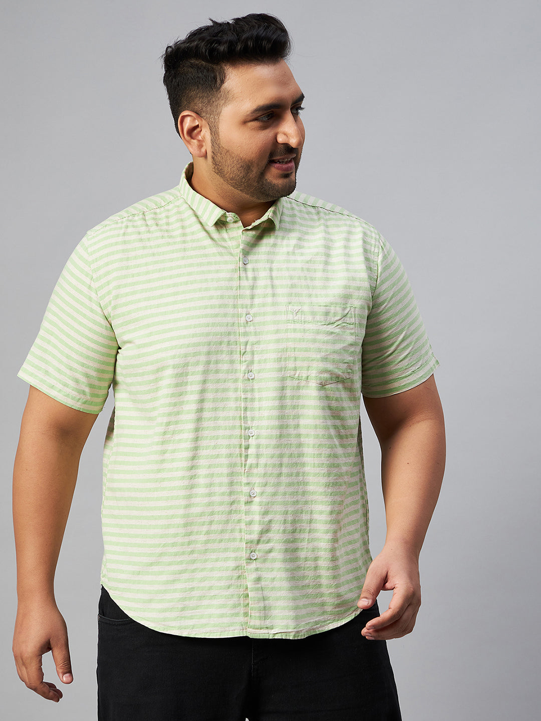 Men Green Striped Spread Collar Casual Shirt