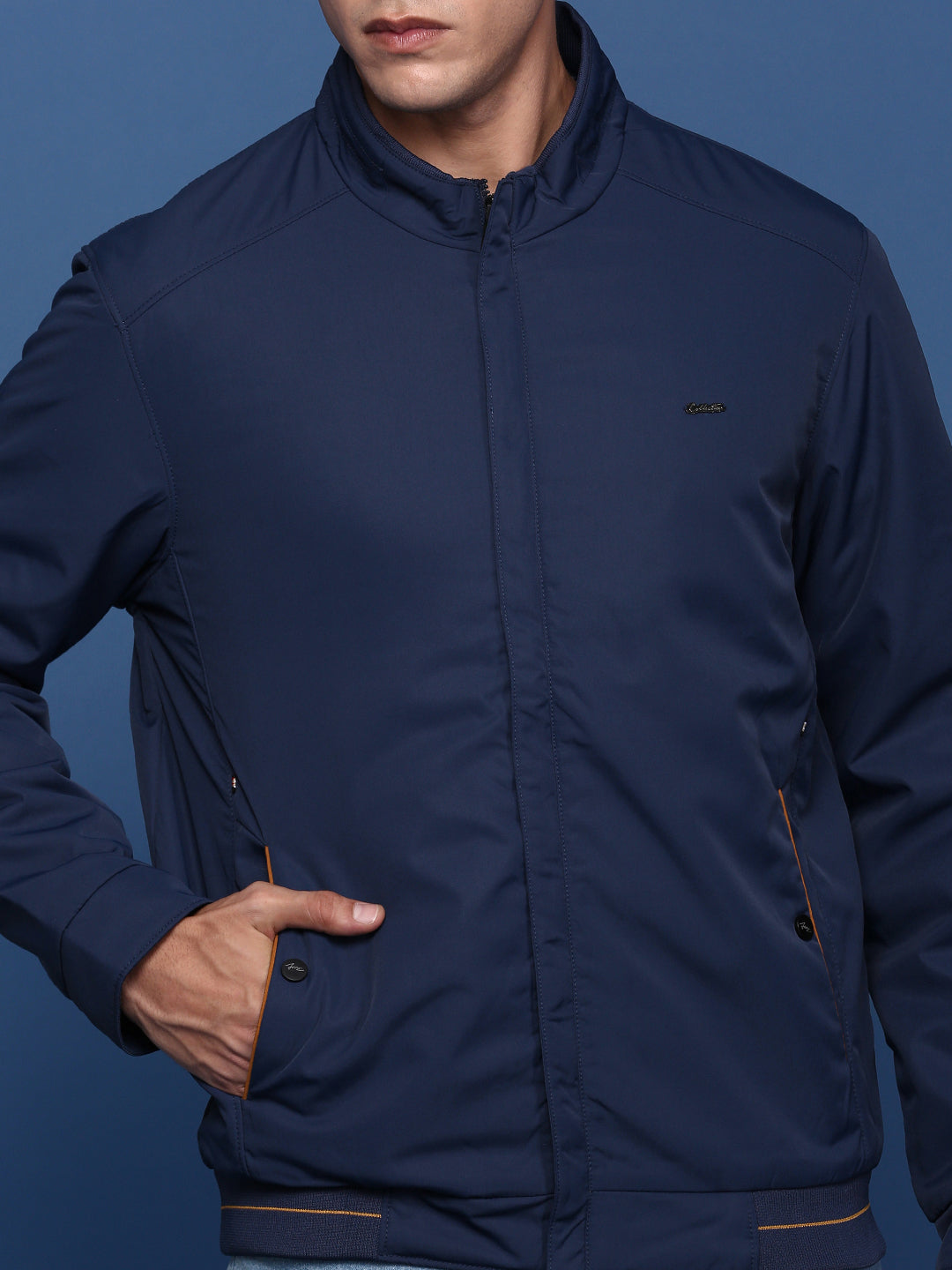 Men Solid Navy Blue Bomber Jacket