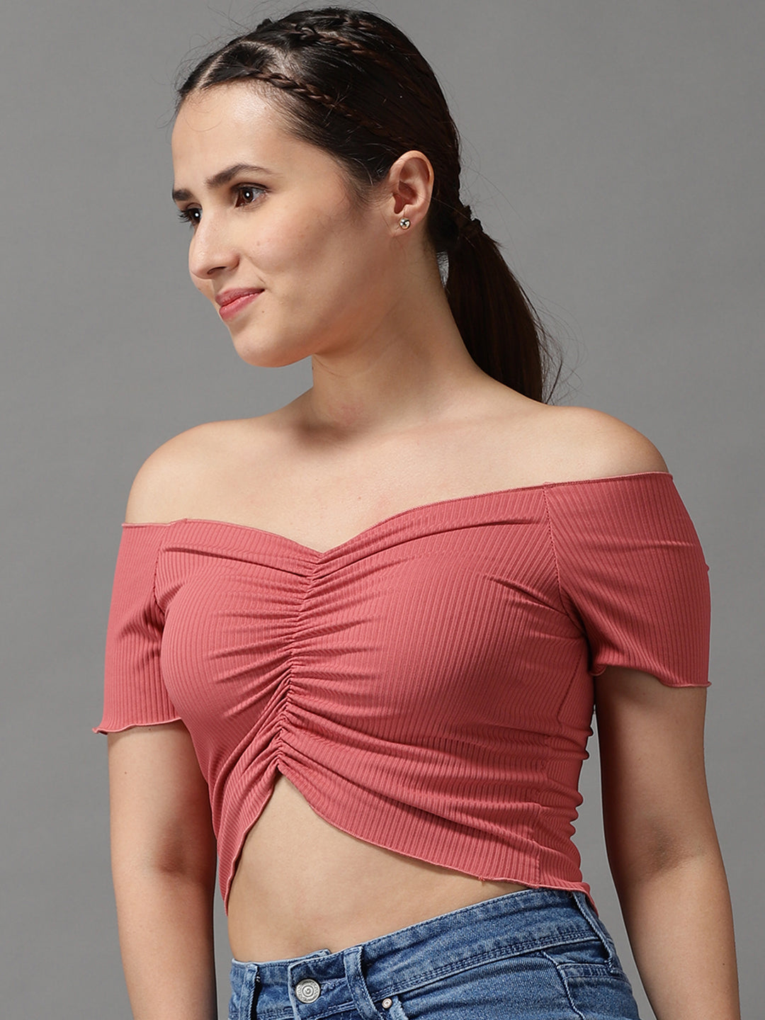 Women Off-Shoulder Solid Mauve Fitted Top