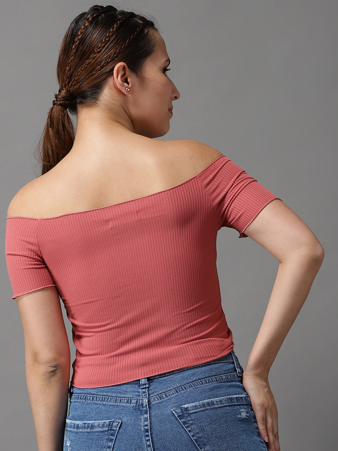 Women Off-Shoulder Solid Mauve Fitted Top