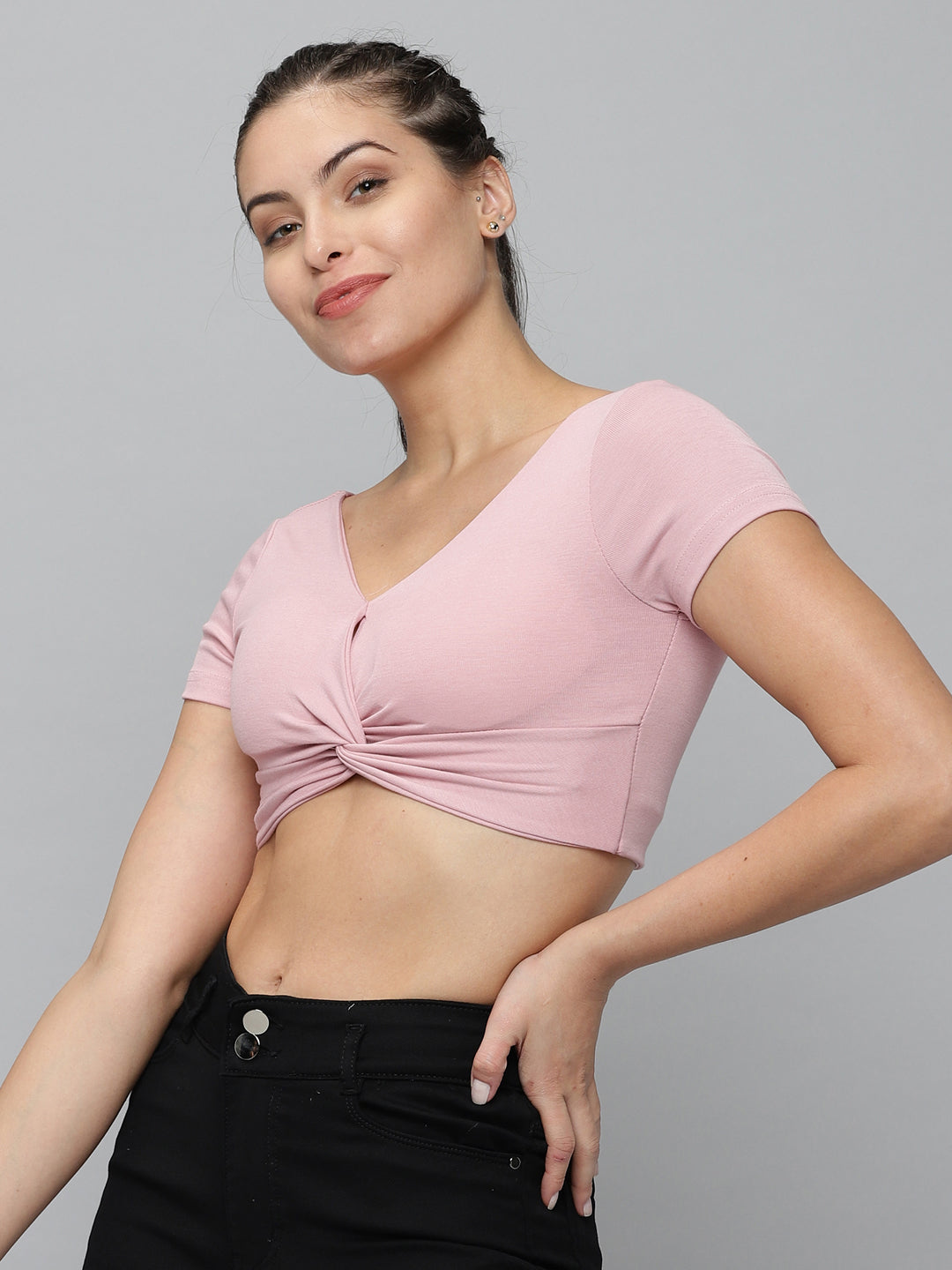 Women V-Neck Solid Mauve Fitted Top