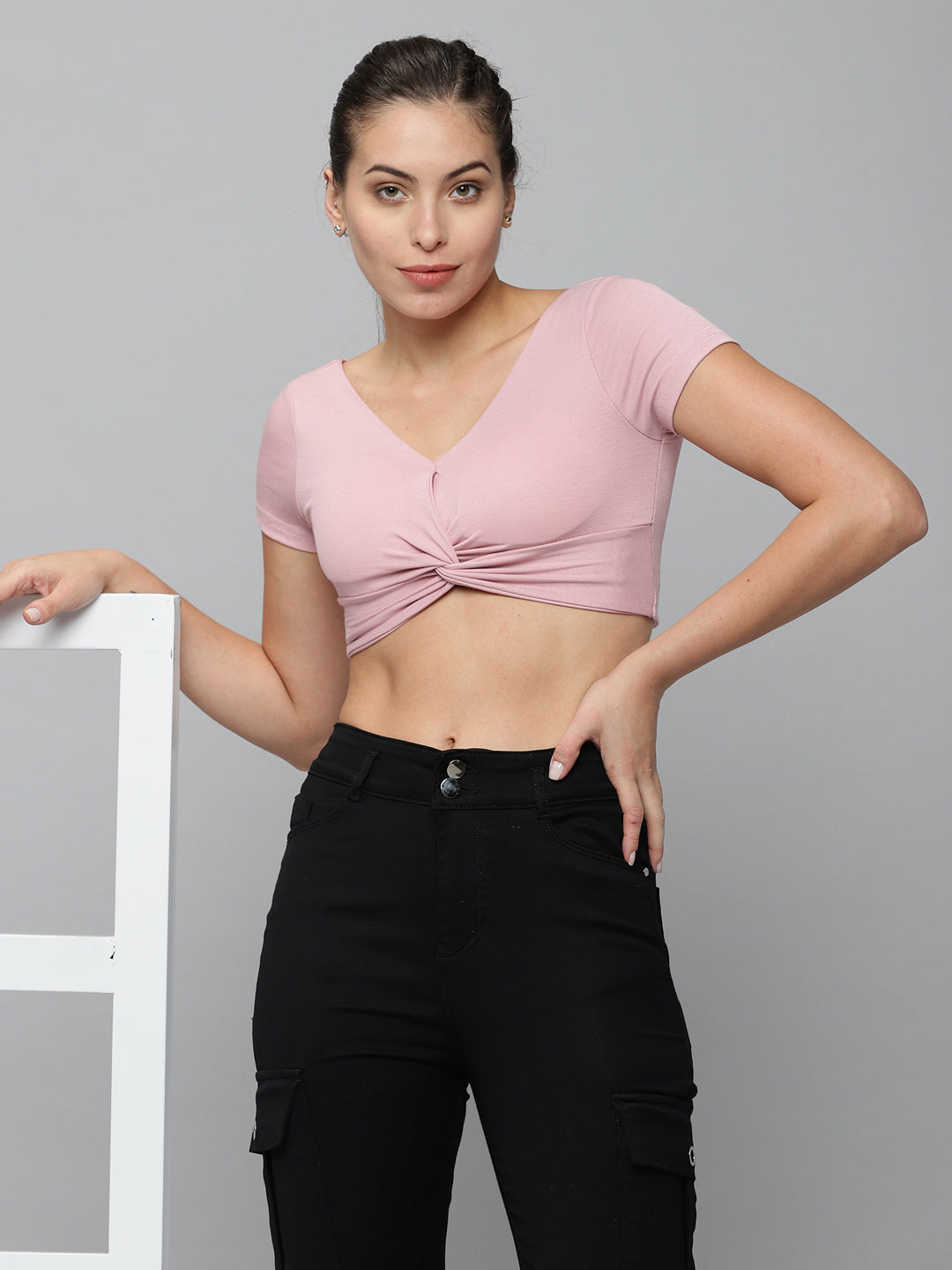 Women V-Neck Solid Mauve Fitted Top