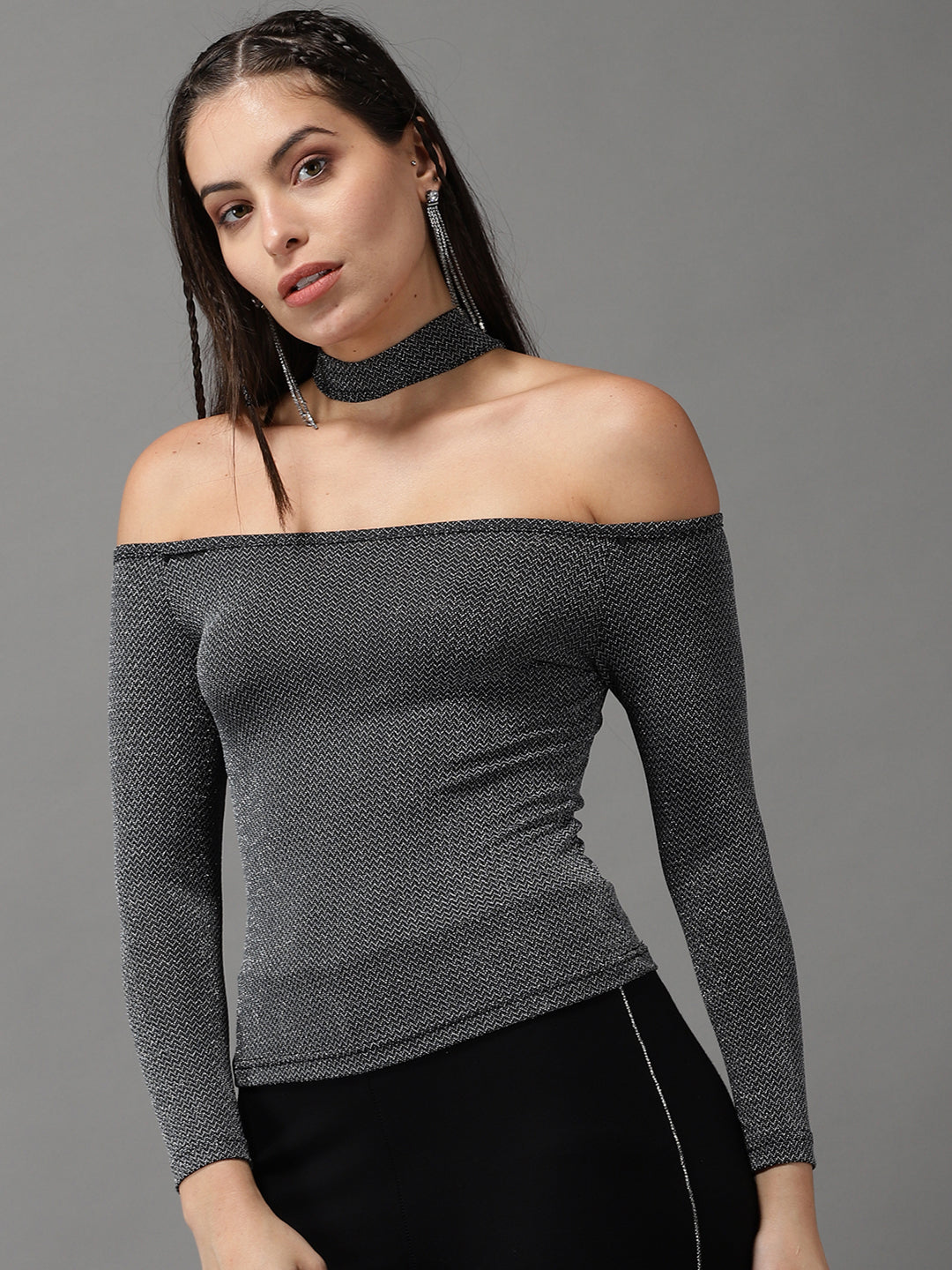 Women Off-Shoulder Solid Silver Bardot Top