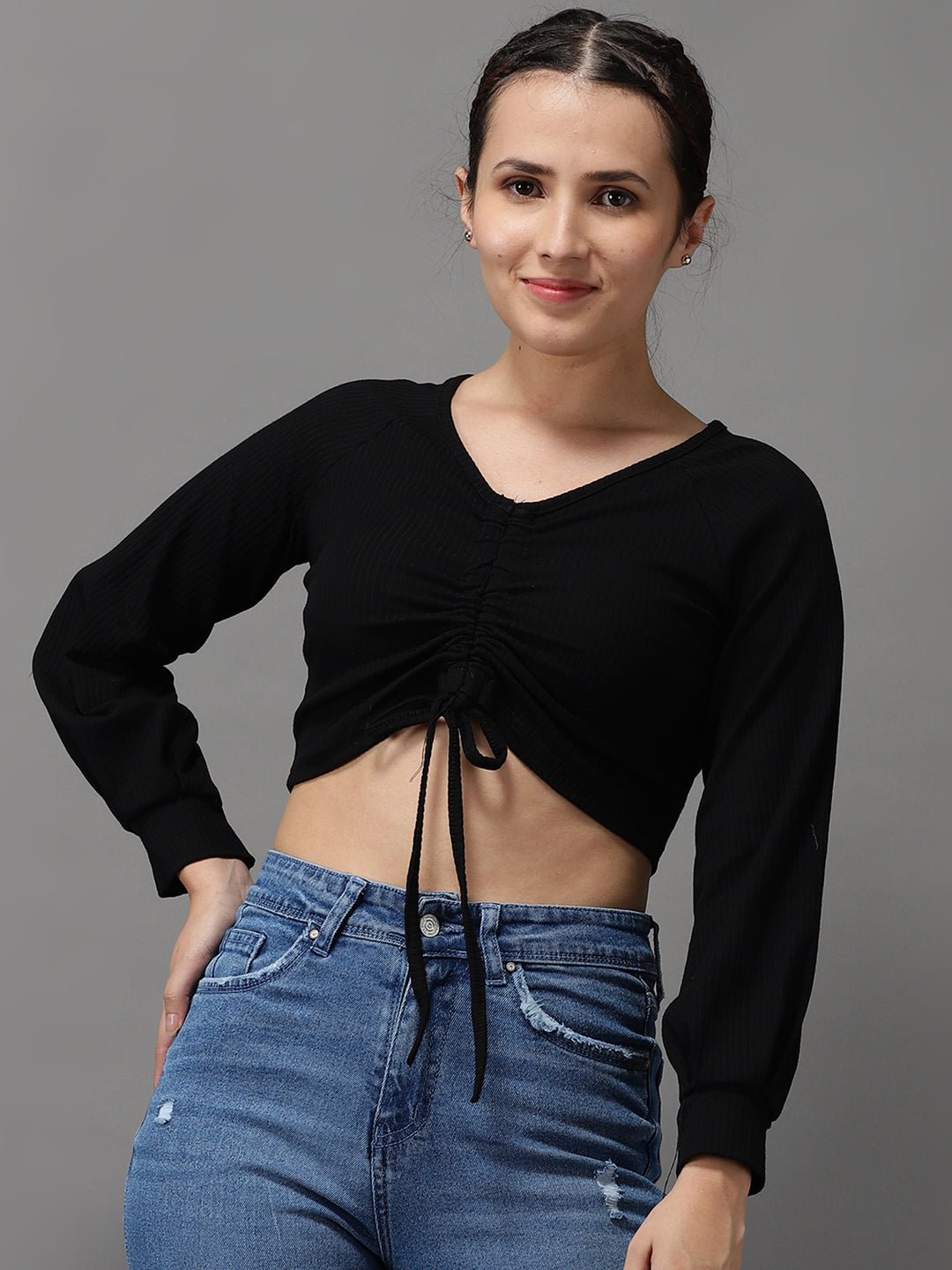 Women V-Neck Solid Black Fitted Top