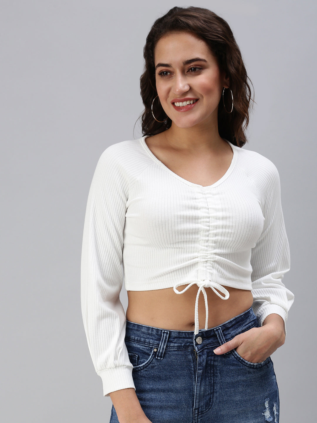 Women Solid Off White Fitted Top