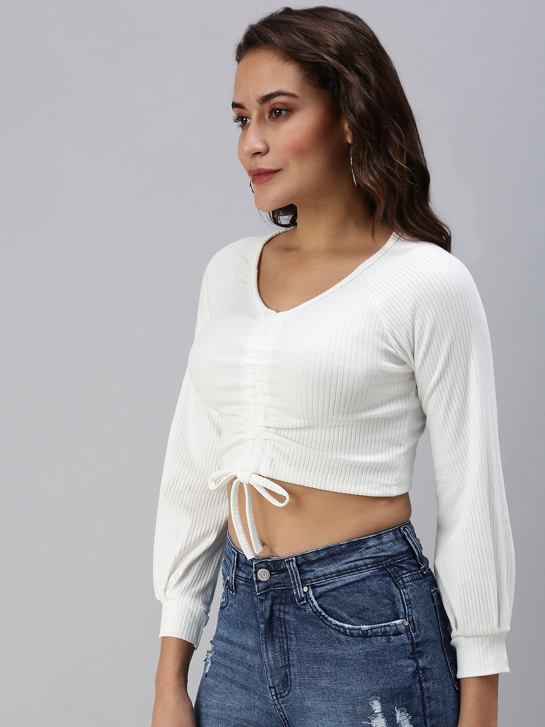 Women Solid Off White Fitted Top