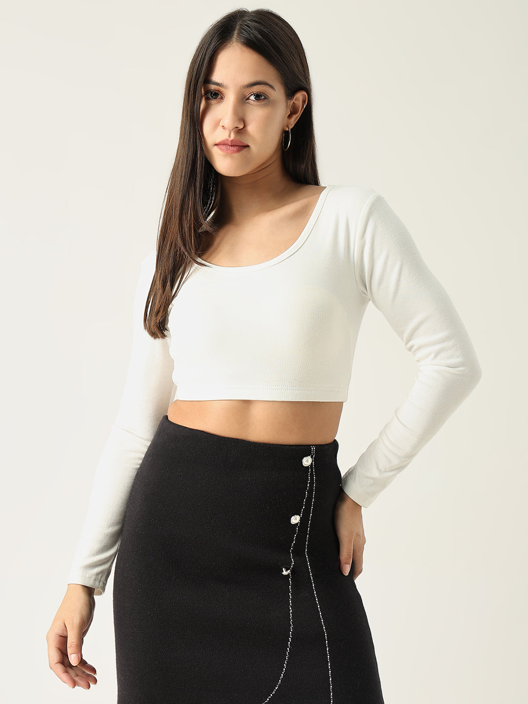 Women Solid Off White Fitted Crop Top