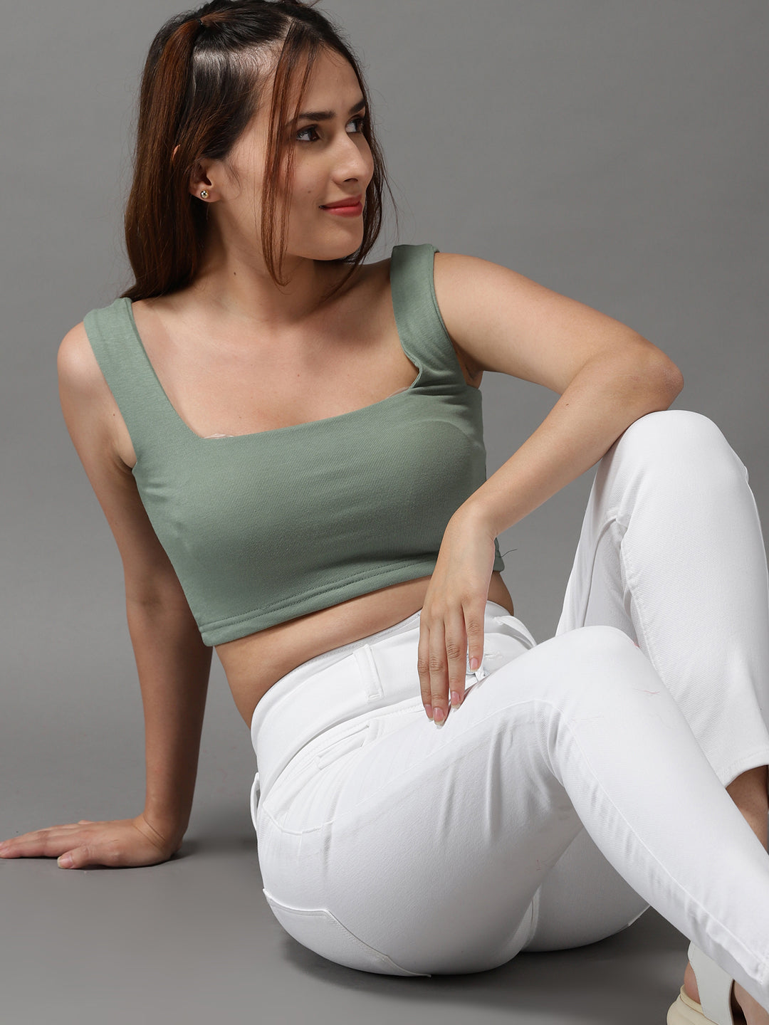 Women Scoop Neck Solid Green Fitted Top
