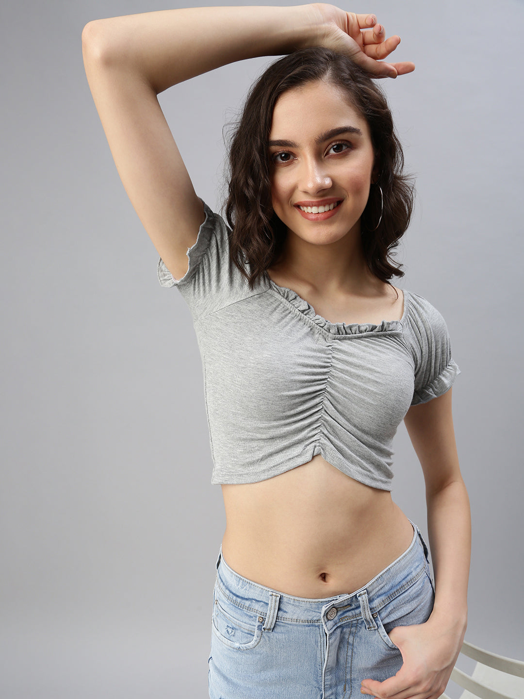 Women Sweetheart Neck Solid Grey Fitted Top