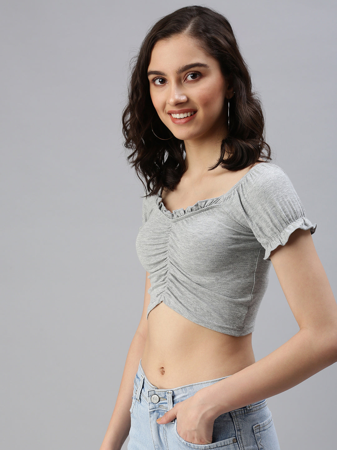 Women Sweetheart Neck Solid Grey Fitted Top
