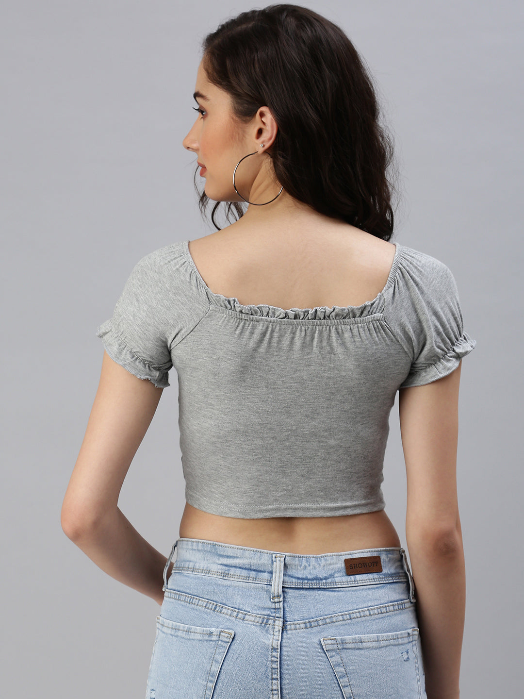 Women Sweetheart Neck Solid Grey Fitted Top