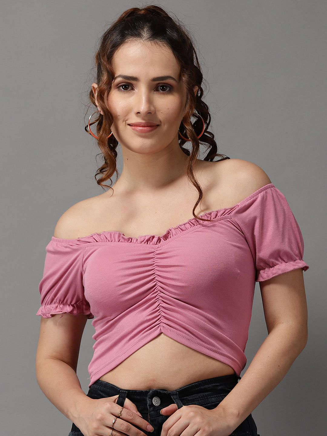 Women Sweetheart Neck Solid Pink Fitted Top