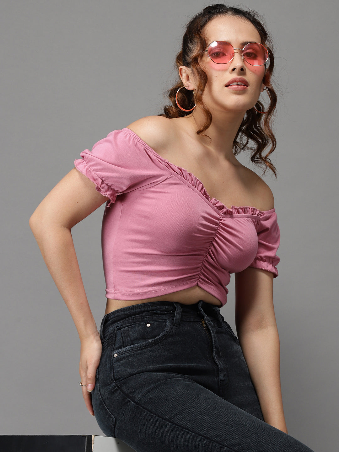 Women Sweetheart Neck Solid Pink Fitted Top