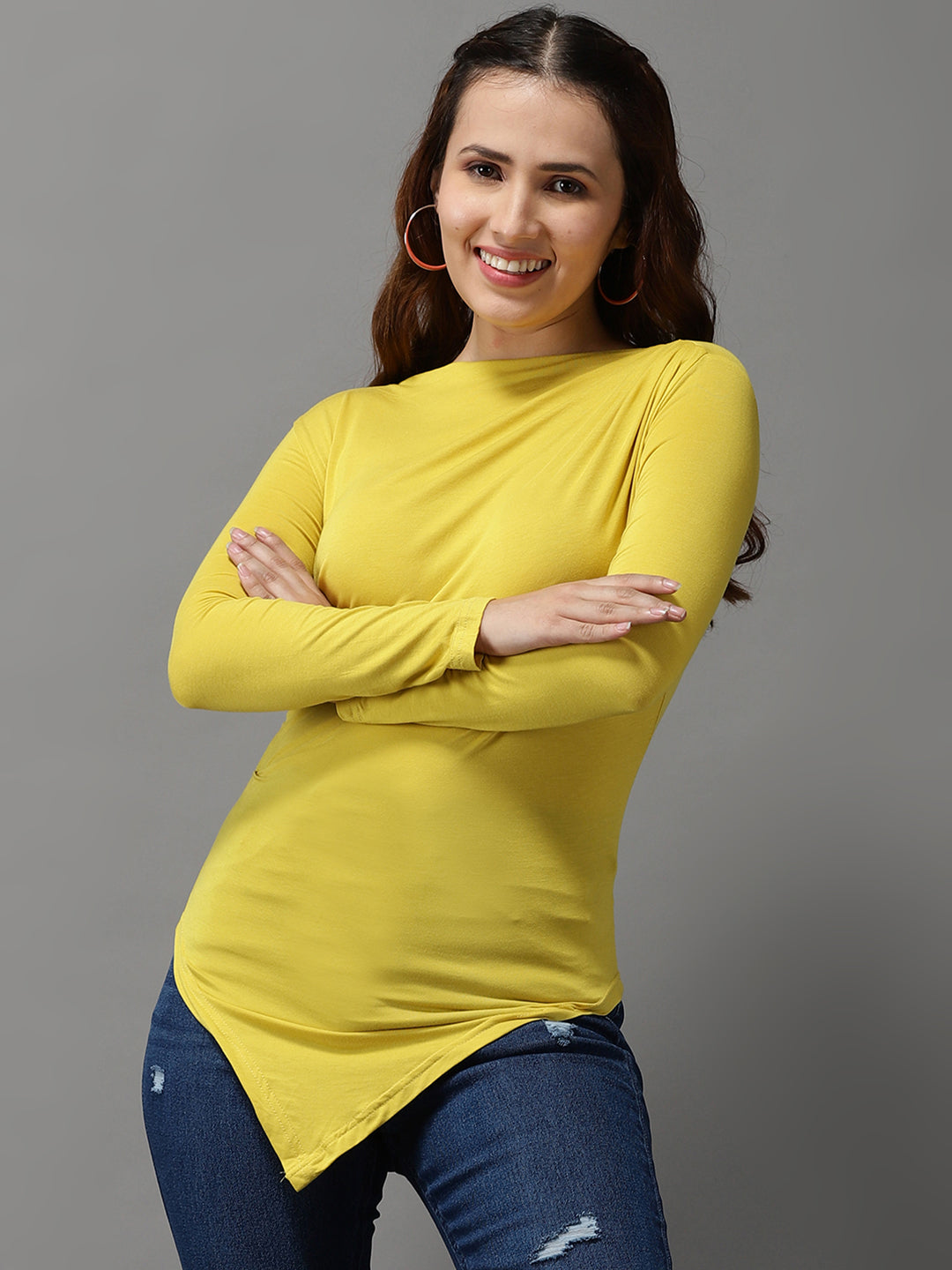 Women High Neck Solid Yellow Fitted Top