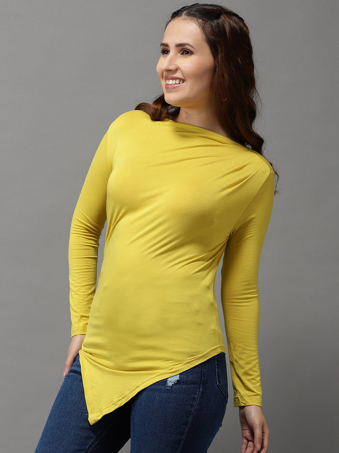Women High Neck Solid Yellow Fitted Top