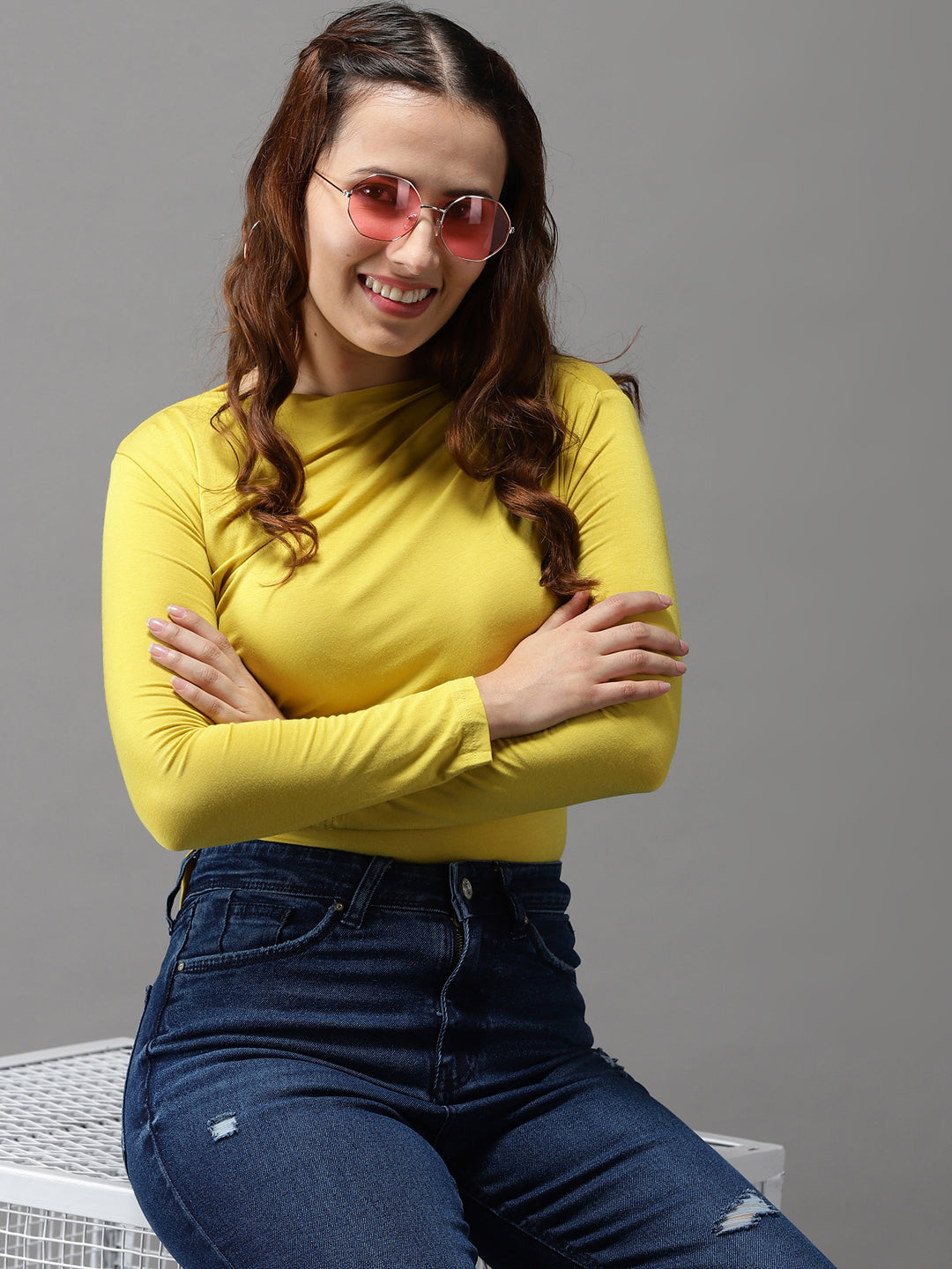 Women High Neck Solid Yellow Fitted Top